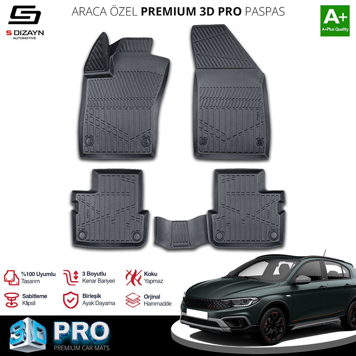 S-Dizayn Fiat Egea Hybrid 3D Pro Havuzlu Paspas 2020 Üzeri A+ Kalite