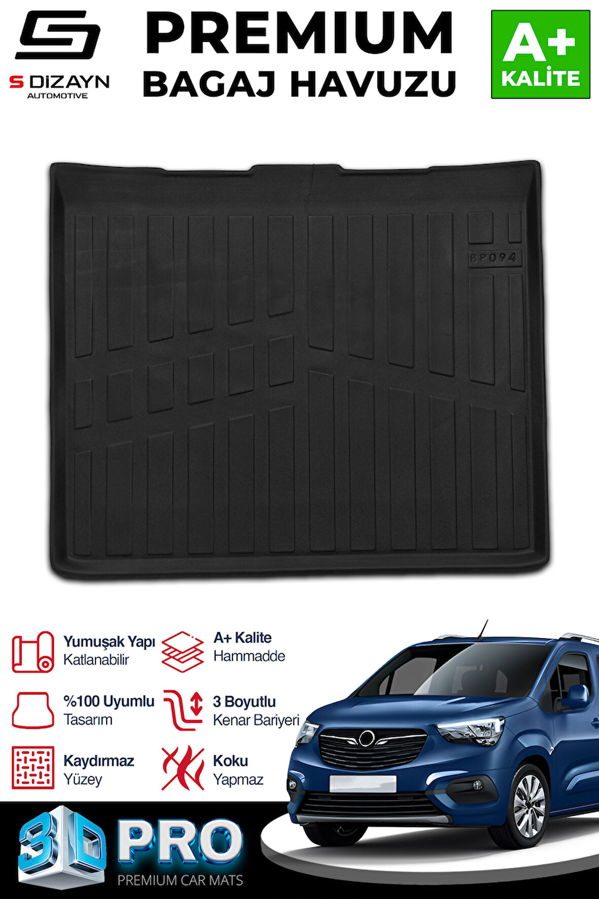 S-Dizayn Opel Combo E Seperatörsüz 3D Pro Bagaj Havuzu 2019 Üzeri A+ Kalite