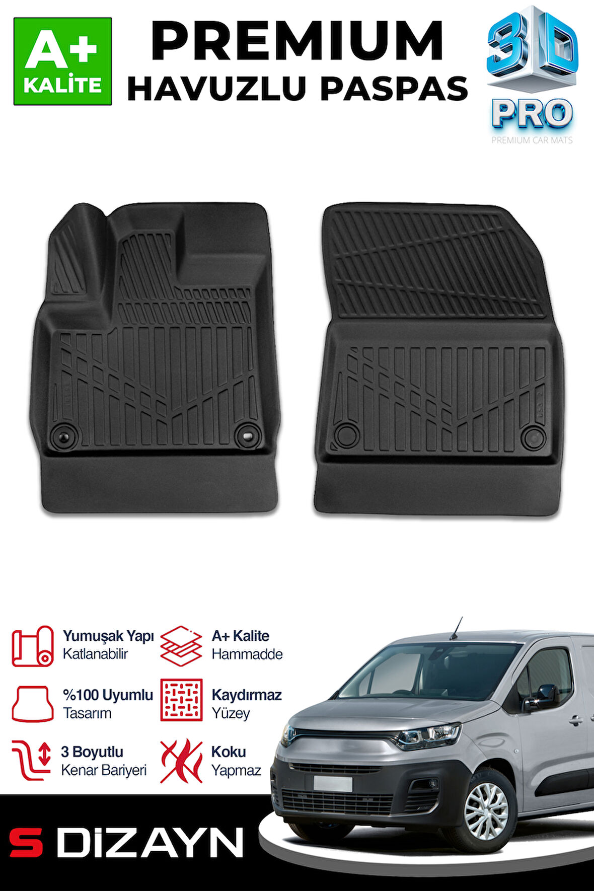 S-Dizayn Fiat Doblo Panelvan 3D Pro Havuzlu Paspas Ön 2'Li 2023 Üzeri A+ Kalite