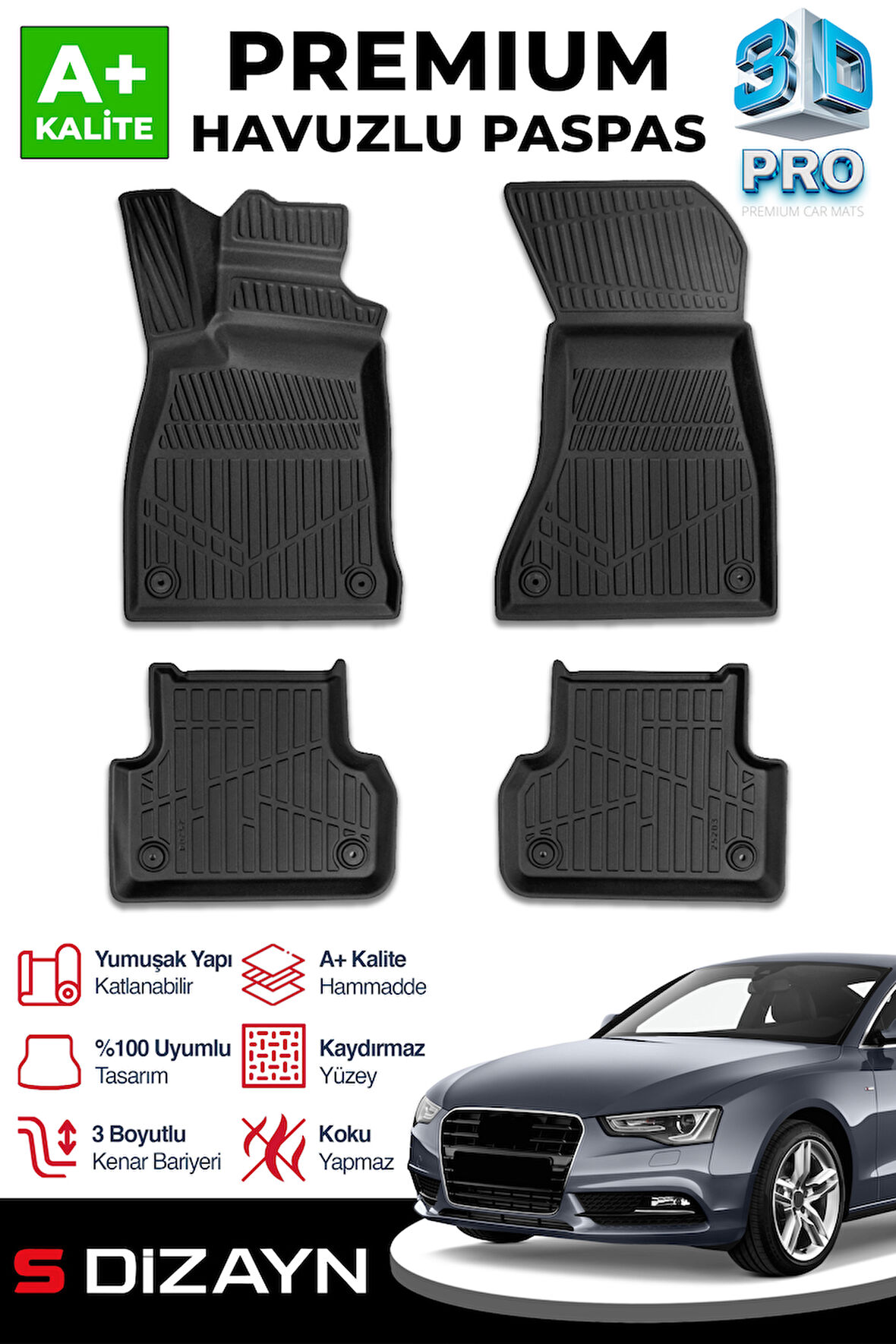 S-Dizayn Audi A5 3D Pro Havuzlu Paspas 2016 üzeri A+ Kalite