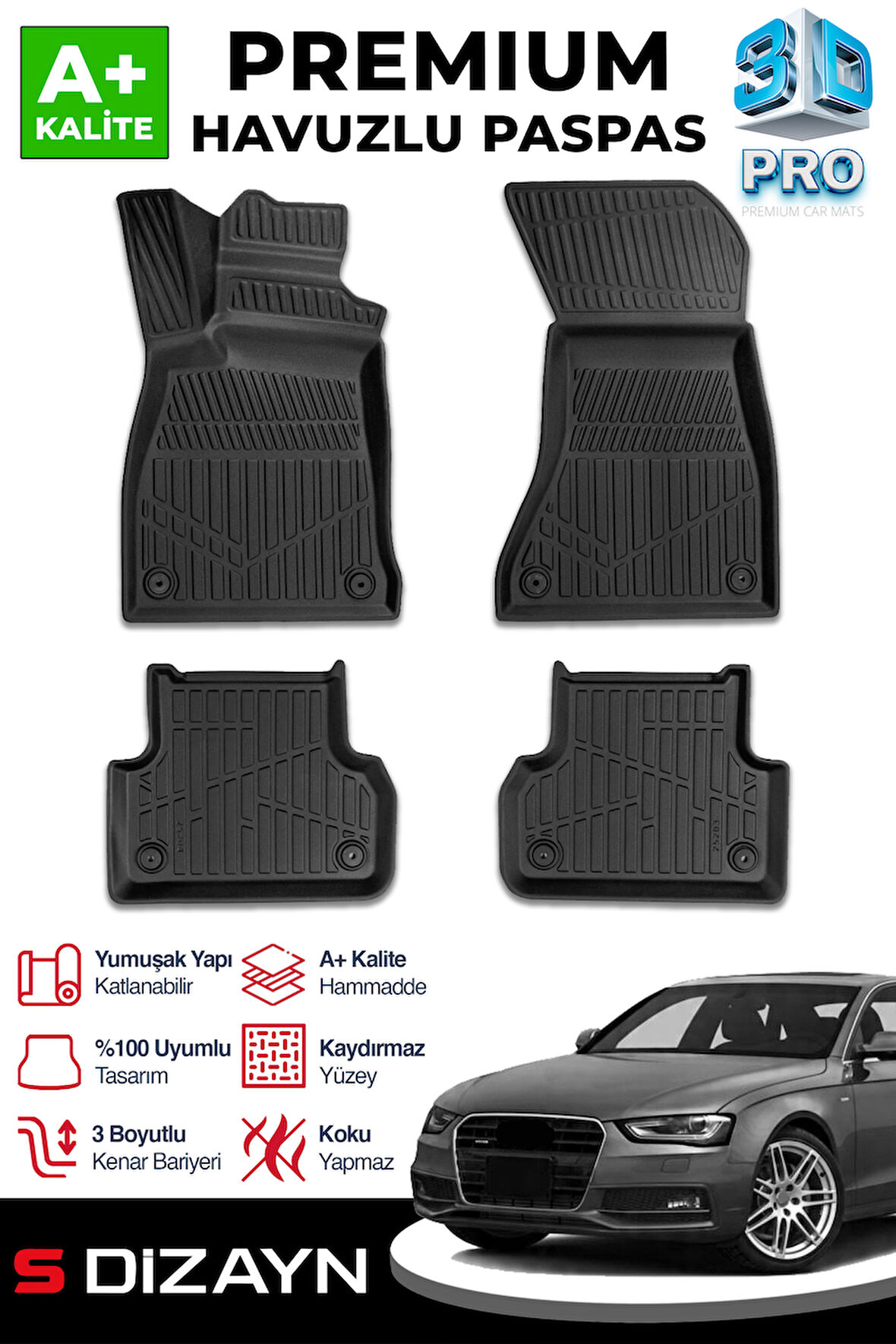S-Dizayn Audi A4 3D Pro Havuzlu Paspas 2011-2016 A+ Kalite