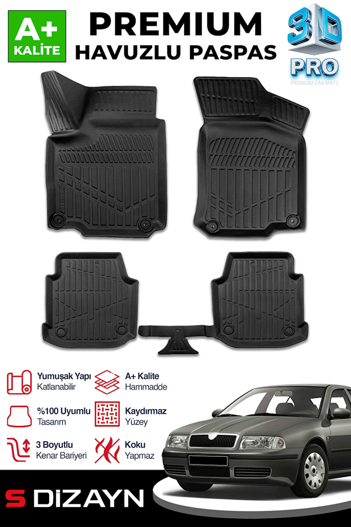 S-Dizayn Skoda Octavia 3D Pro Havuzlu Paspas 1999-2006 A+ Kalite
