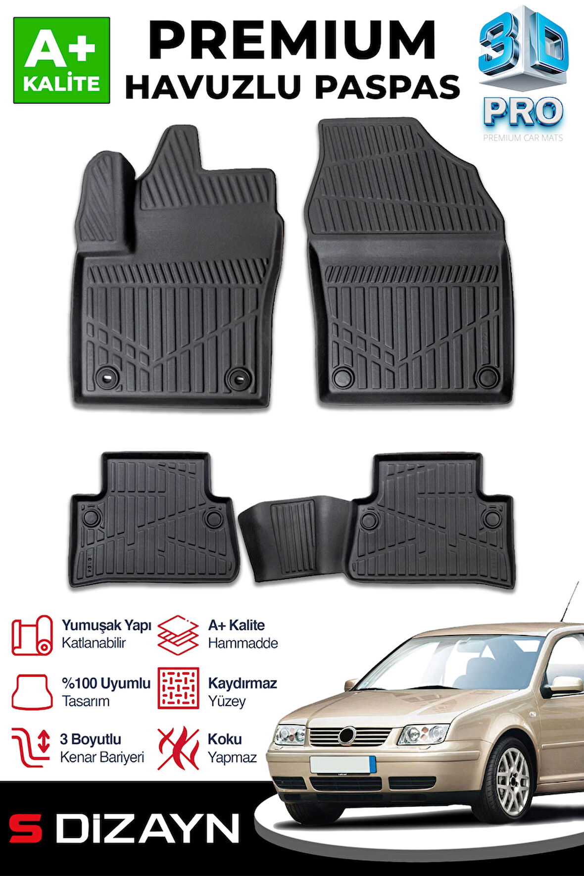S-Dizayn VW Bora 3D Pro Havuzlu Paspas 1999-2006 A+ Kalite