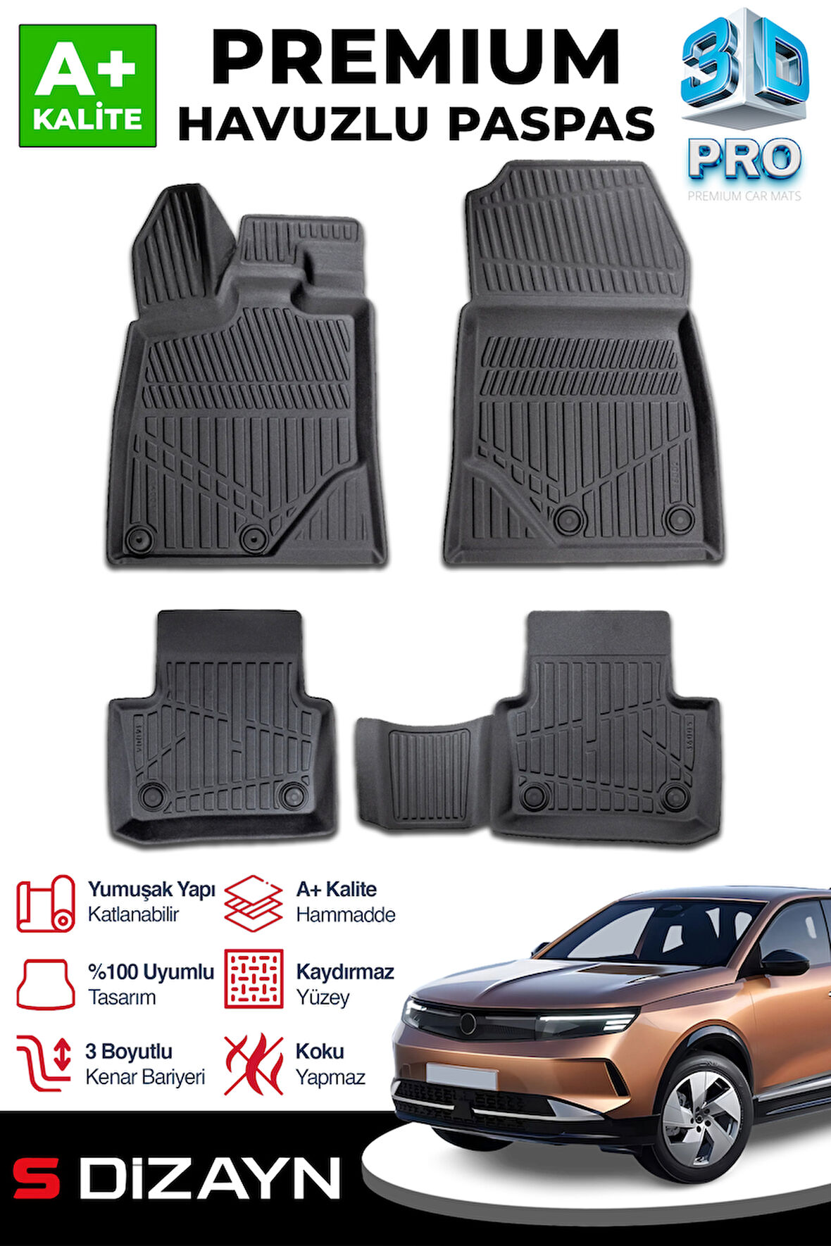 S-Dizayn Opel Grandland X Hybrid 3D Pro Havuzlu Paspas 2025 Üzeri A+ Kalite