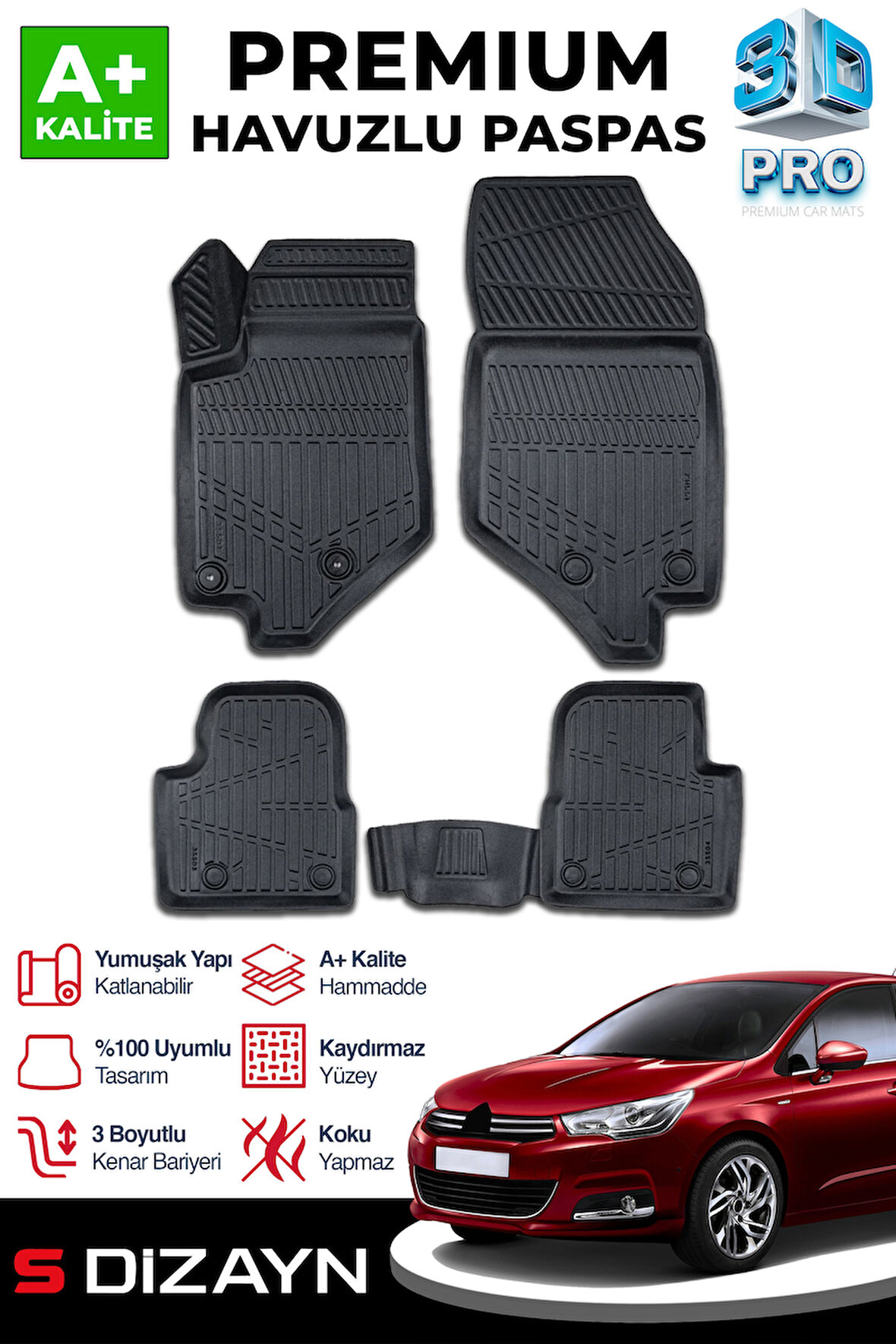 S-Dizayn Citroen C4 3D Pro Havuzlu Paspas 2010-2018 A+ Kalite