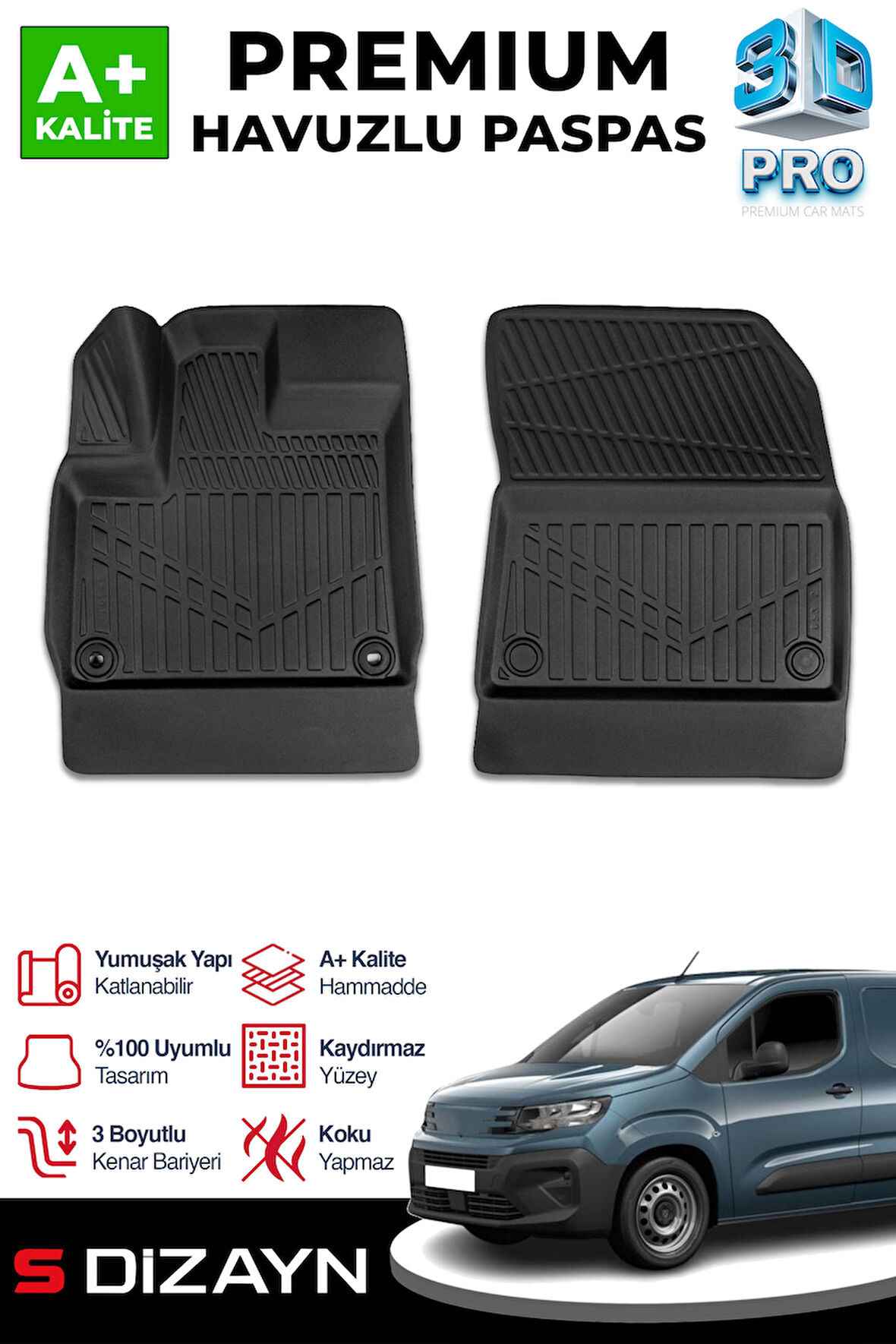 S-Dizayn Peugeot Partner Panelvan 3D Pro Havuzlu Paspas Ön 2'li 2019 Üzeri A+ Kalite