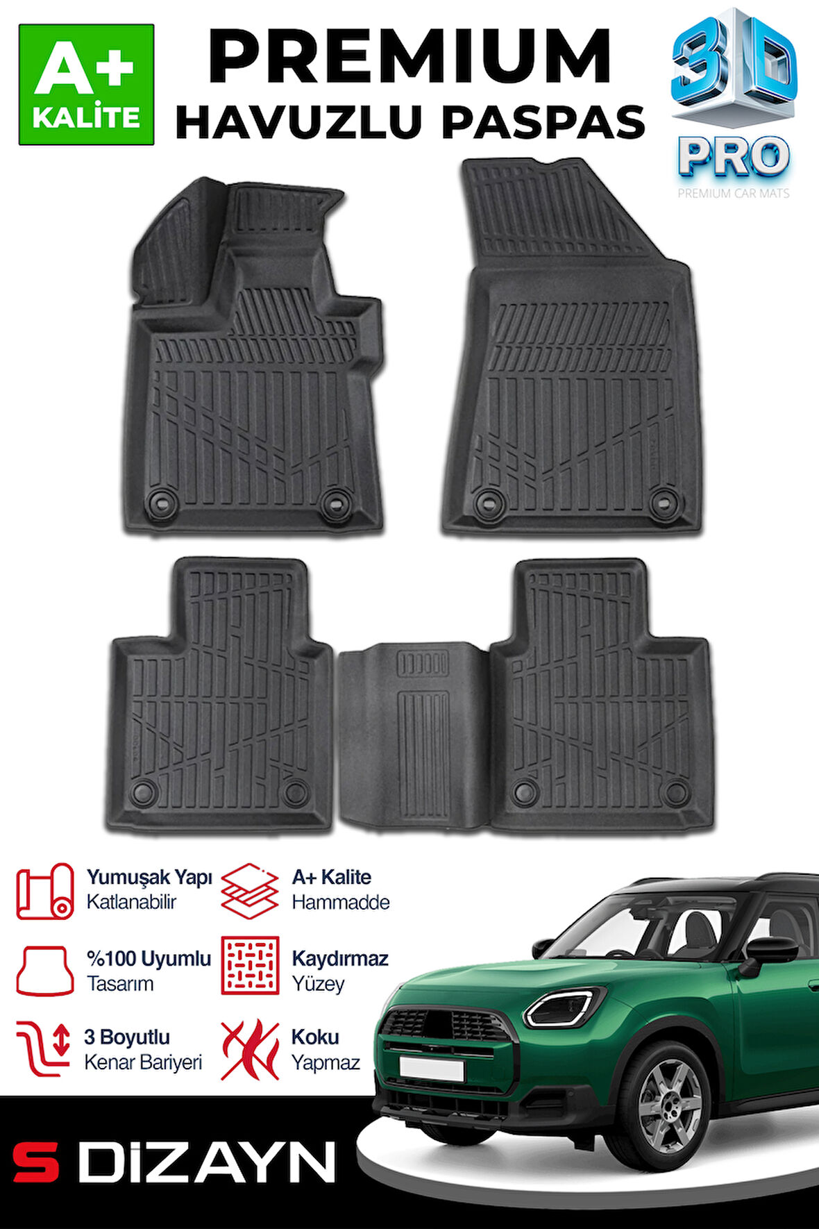 S-Dizayn Mini Countryman U25 3D Pro Havuzlu Paspas 2024 Üzeri A+ Kalite