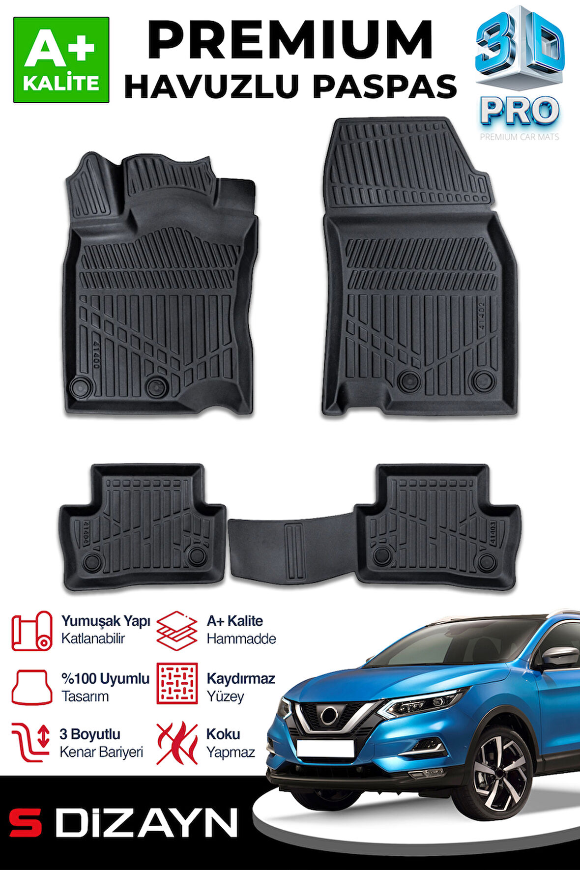 S-Dizayn Nissan Qashqai 3D Pro Havuzlu Paspas 2013-2021 A+ Kalite