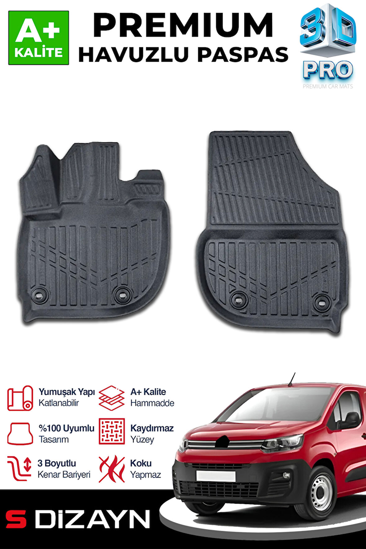 S-Dizayn Citroen Berlingo Panelvan 3D Pro Havuzlu Ön 2'li Paspas 2019 Üzeri A+ Kalite