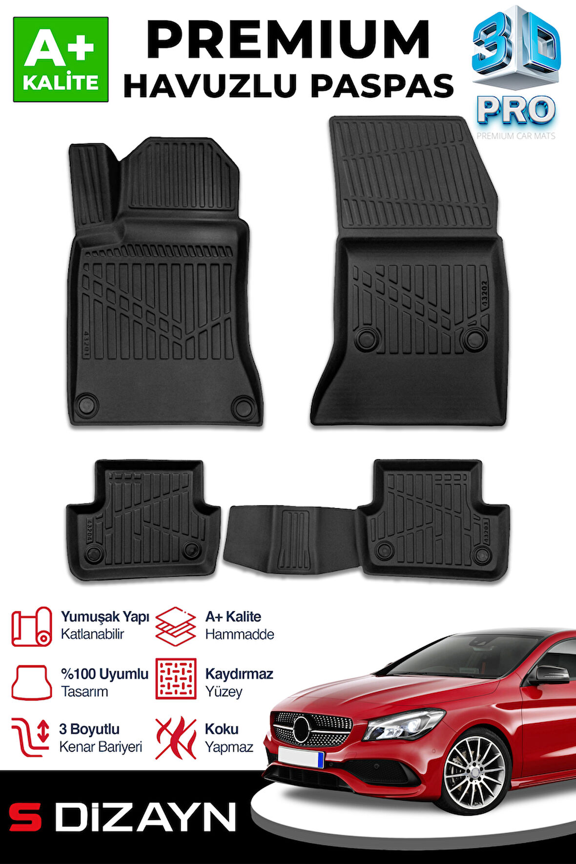 S-Dizayn Mercedes A Serisi W176 3D Pro Havuzlu Paspas 2013-2018 A+ Kalite