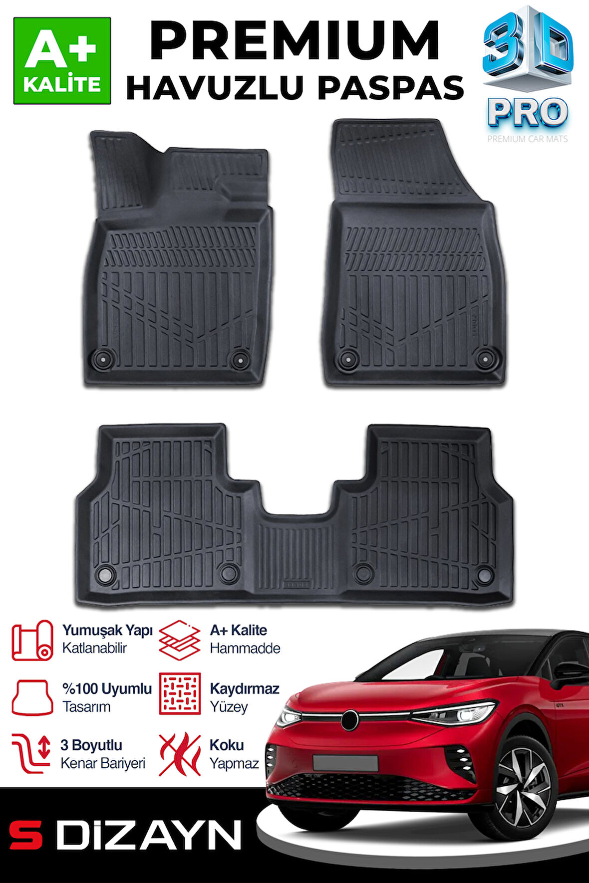 S-Dizayn VW ID5 3D Pro Havuzlu Paspas 2021 Üzeri A+ Kalite