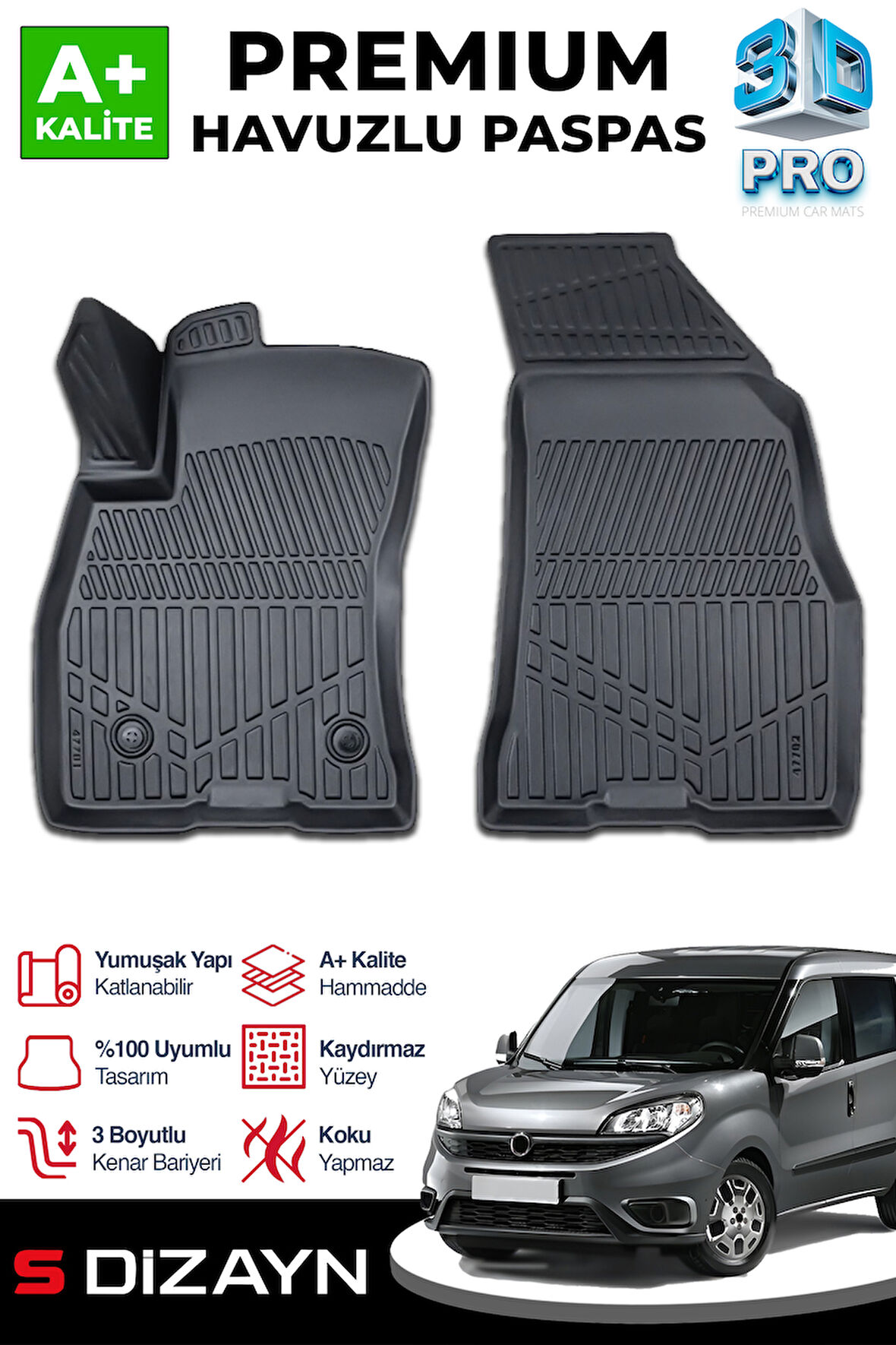 S-Dizayn Fiat Doblo Panelvan 3D Pro Havuzlu Ön 2'li Paspas 2010-2023 A+ Kalite