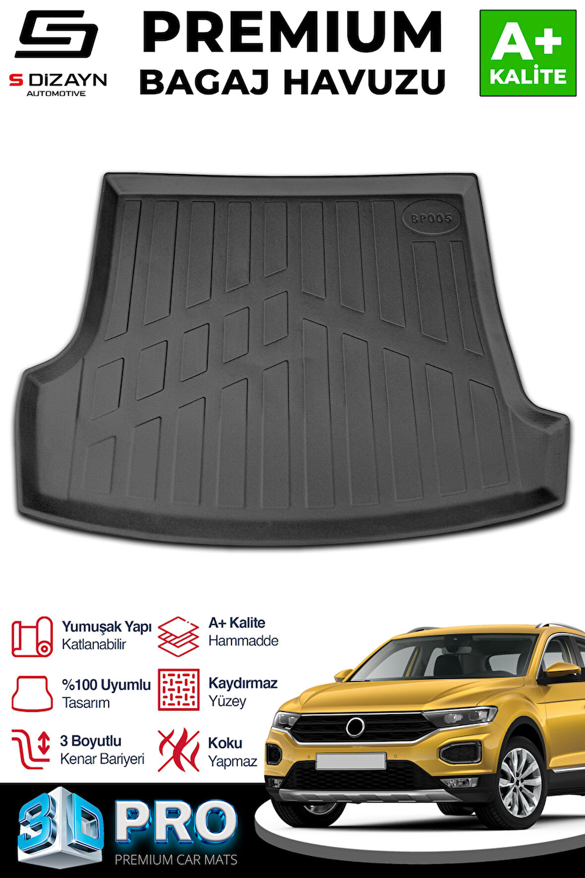 S-Dizayn VW T-Roc 3D Pro Bagaj Havuzu Üst Bagaj 2019 Üzeri A+ Kalite