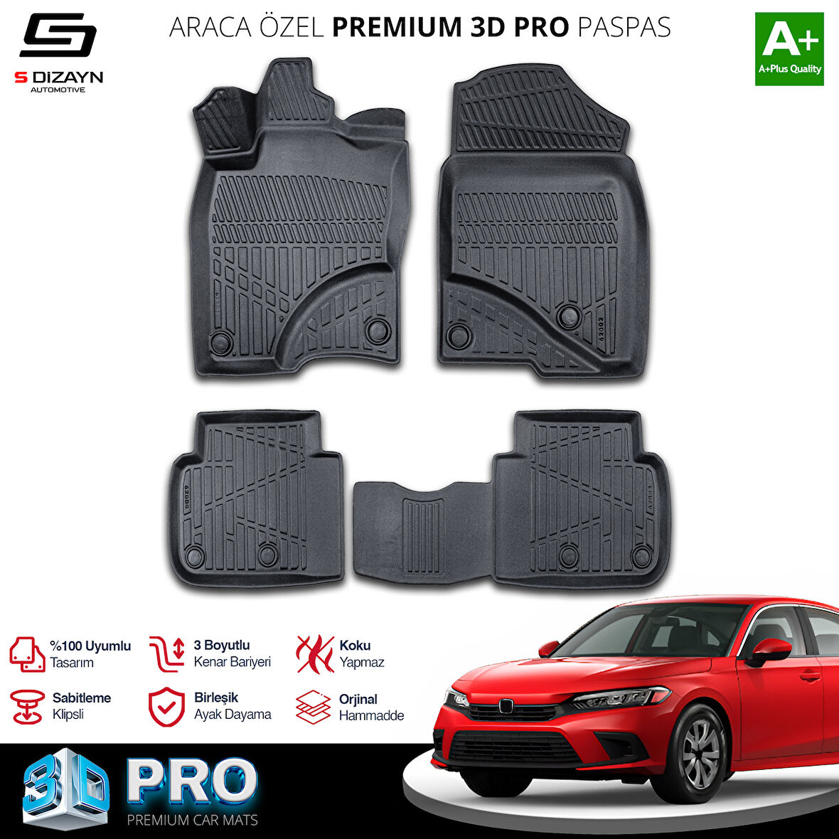 S-Dizayn Honda Civic 3D Pro Havuzlu Paspas 2021 Üzeri A+ Kalite