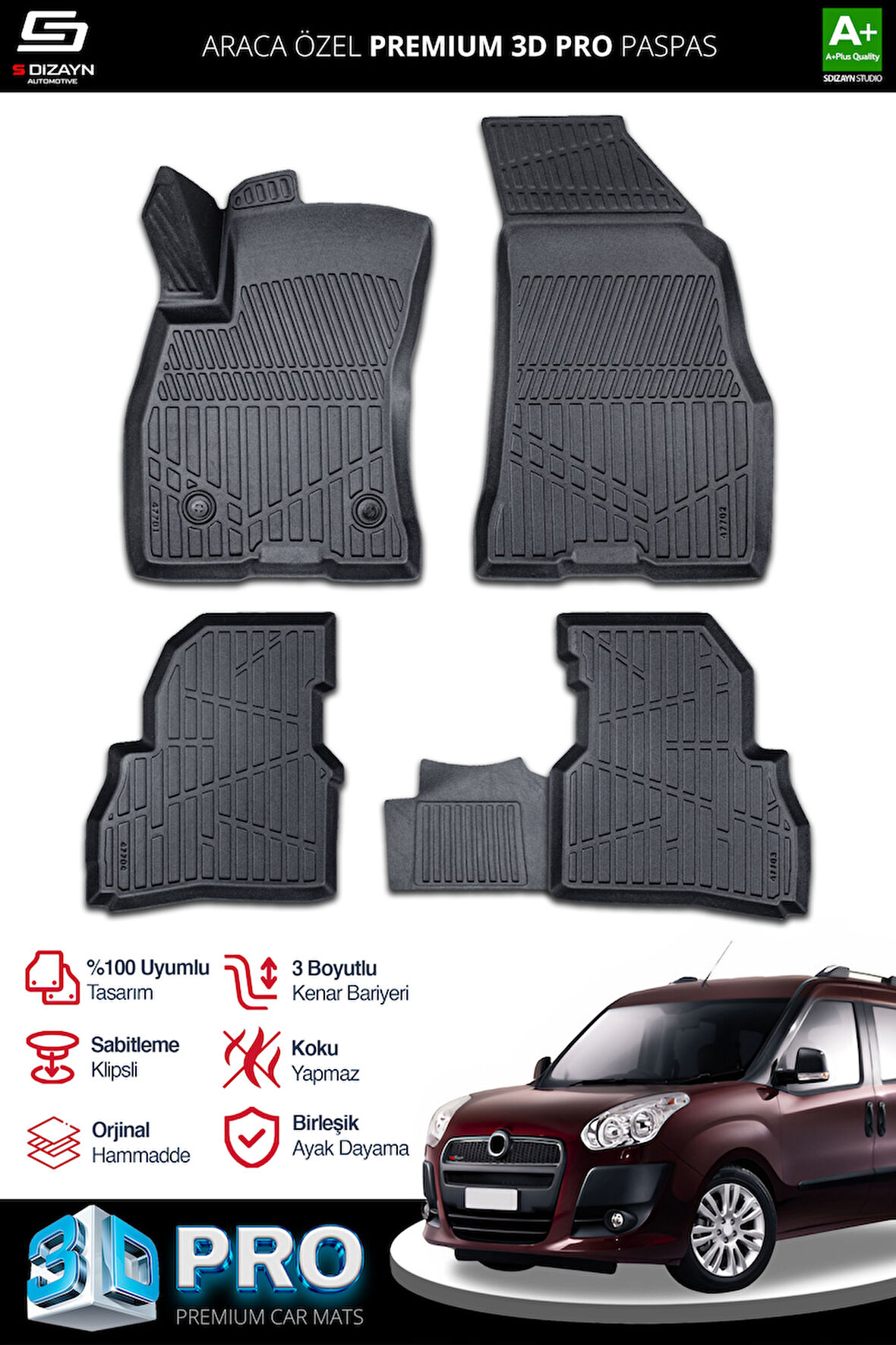 S-Dizayn Fiat Doblo Geniş Aile 3D Pro Havuzlu Paspas 2010-2022 A+ Kalite