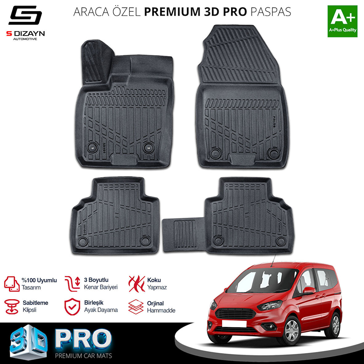 S-Dizayn Ford Courier 3D Pro Havuzlu Paspas 2014-2022 A+ Kalite