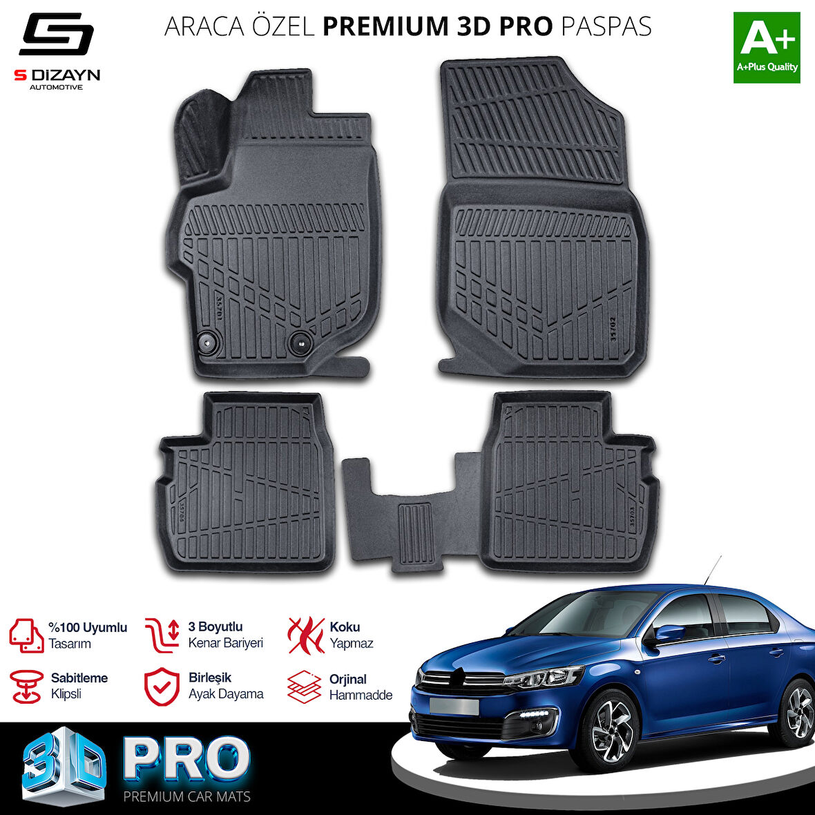 S-Dizayn Citroen C-Elysee 3D Pro Havuzlu Paspas 2012-2017 A+ Kalite