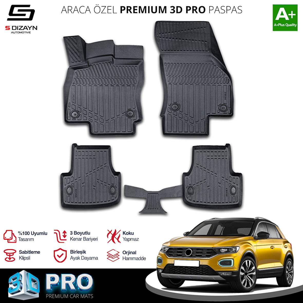 S-Dizayn VW T-Roc 3D Pro Havuzlu Paspas 2019 Üzeri A+ Kalite