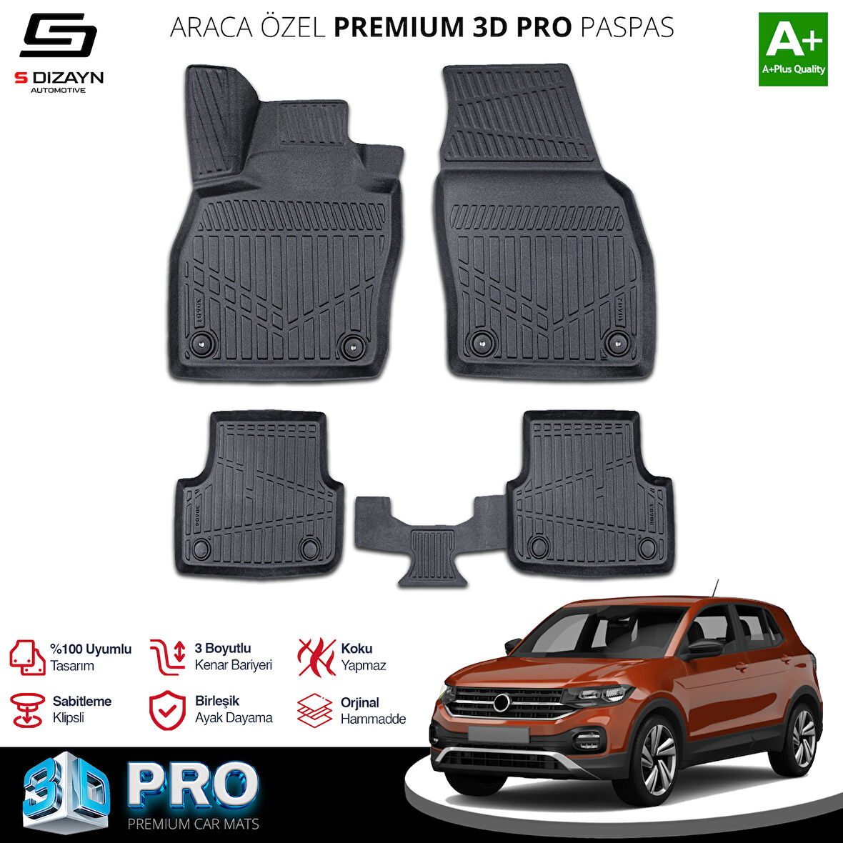 S-Dizayn VW T-Cross 3D Pro Havuzlu Paspas 2019 Üzeri A+ Kalite