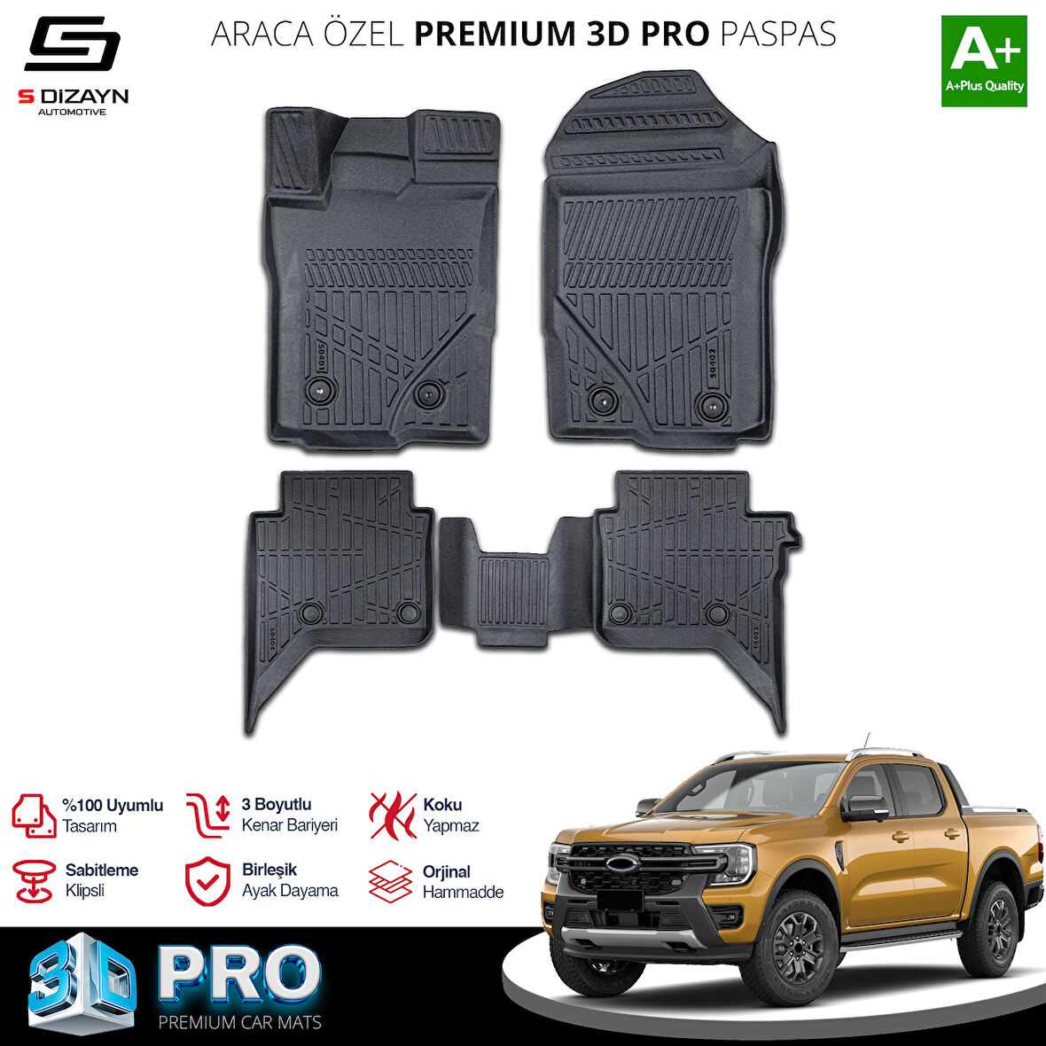 S-Dizayn Ford Ranger 3D Pro Havuzlu Paspas 2023 Üzeri A+ Kalite