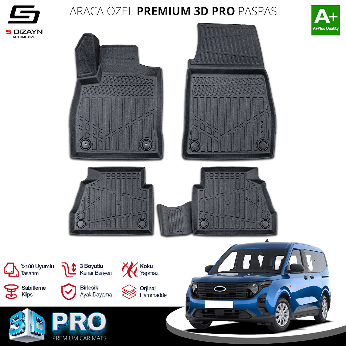 S-Dizayn Ford Courier 3D Pro Havuzlu Paspas 2023 Üzeri A+ Kalite