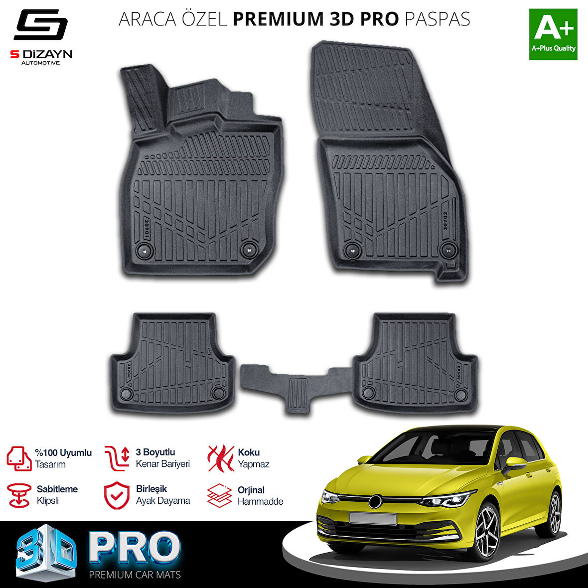 S-Dizayn VW Golf 8 Otomatik 3D Pro Havuzlu Paspas 2021-2024 A+ Kalite