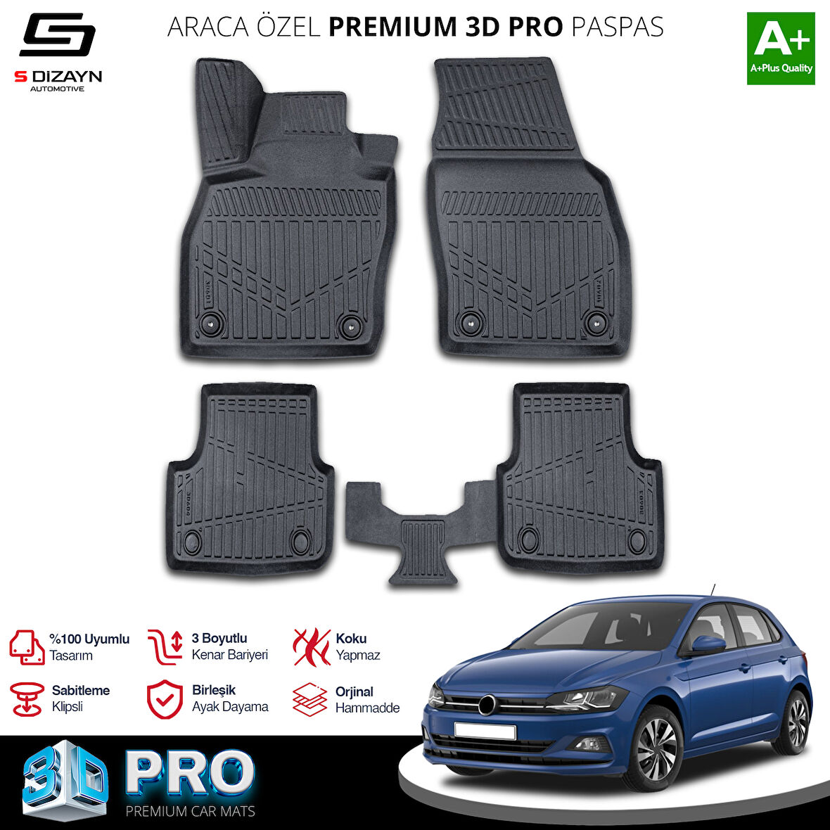 S-Dizayn VW Polo 3D Pro Havuzlu Paspas 2017-2021 A+ Kalite