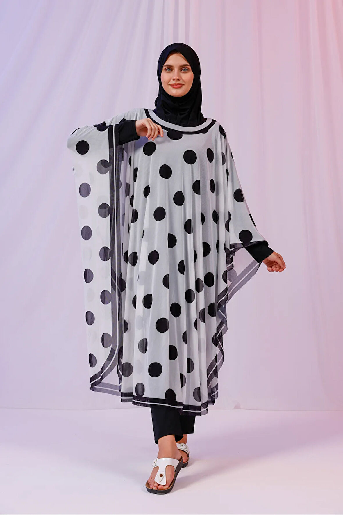 Kimono Pareo - Tesettür Pareo - Puantiyeli Beyaz 240x135 Cm