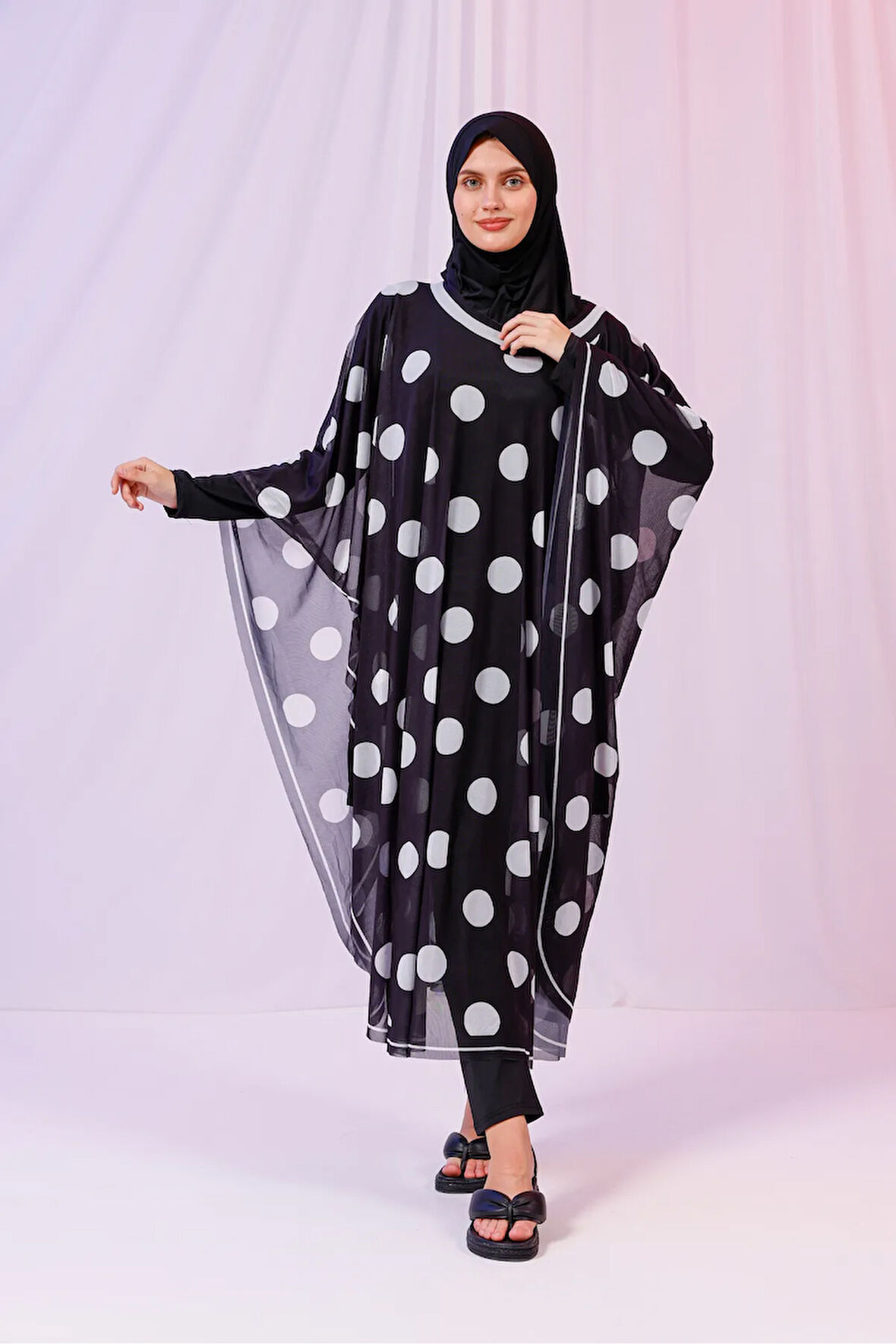 Kimono Pareo - Tesettür Pareo - Puantiyeli Siyah 240x135 Cm