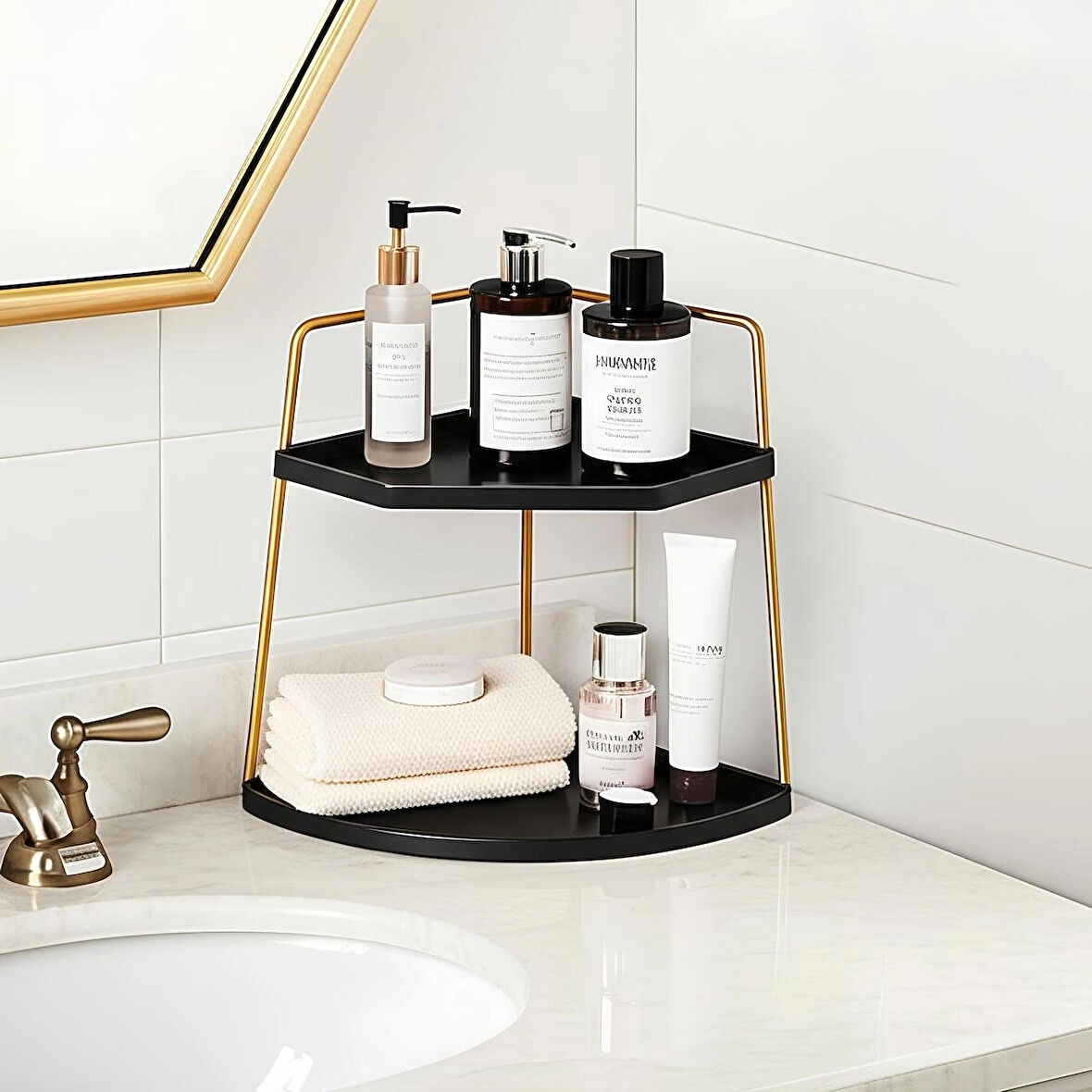Dekoratif 2 Katlı Raf | Çok Amaçlı Organizer Paslanmaz Çelik & Ahşap Stand – Salon, Mutfak, Banyo, Çalışma Alanı İçin