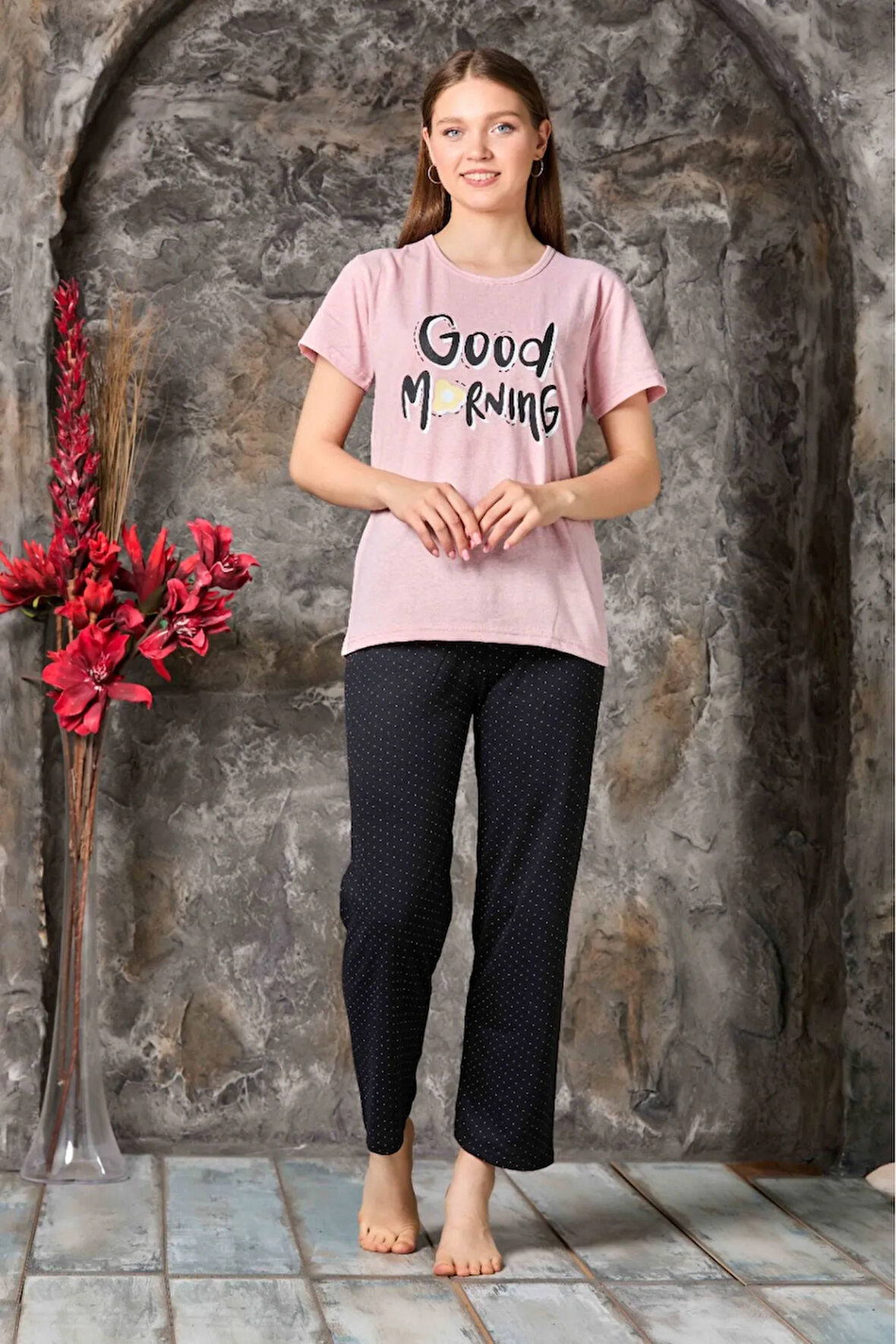 Kadın Pudra Good Morning Pijama Takımı