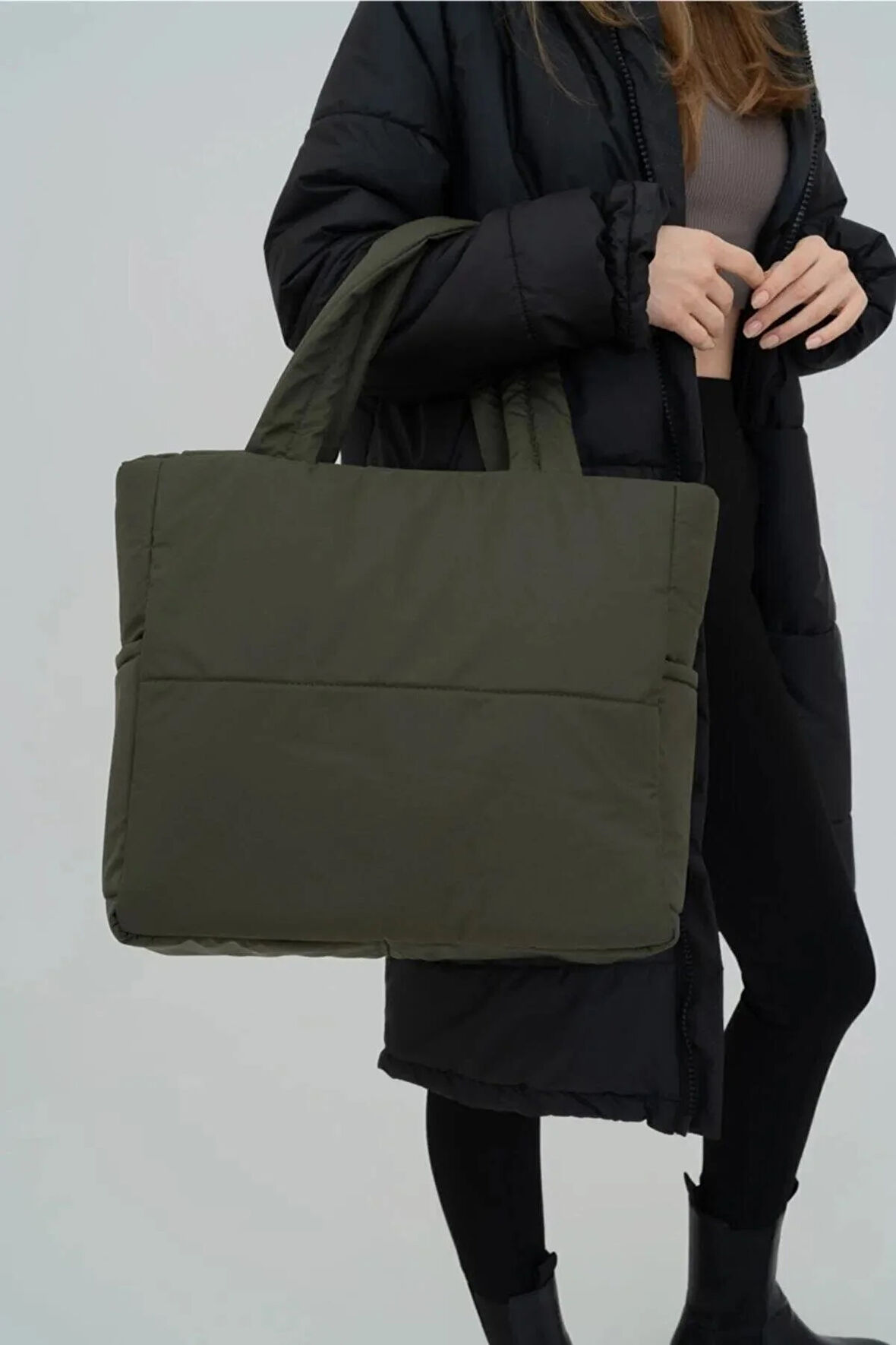 Lula Kabartmalı Puf Kumaş Shopper Çanta - Haki