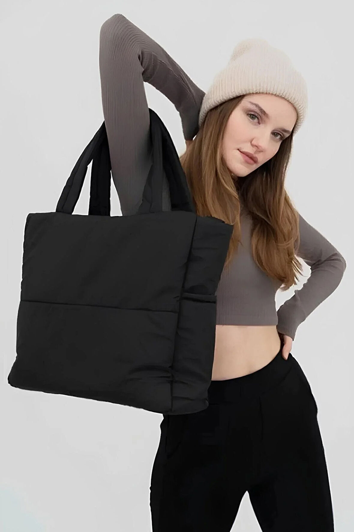 Lula Kabartmalı Puf Kumaş Shopper Çanta - Siyah