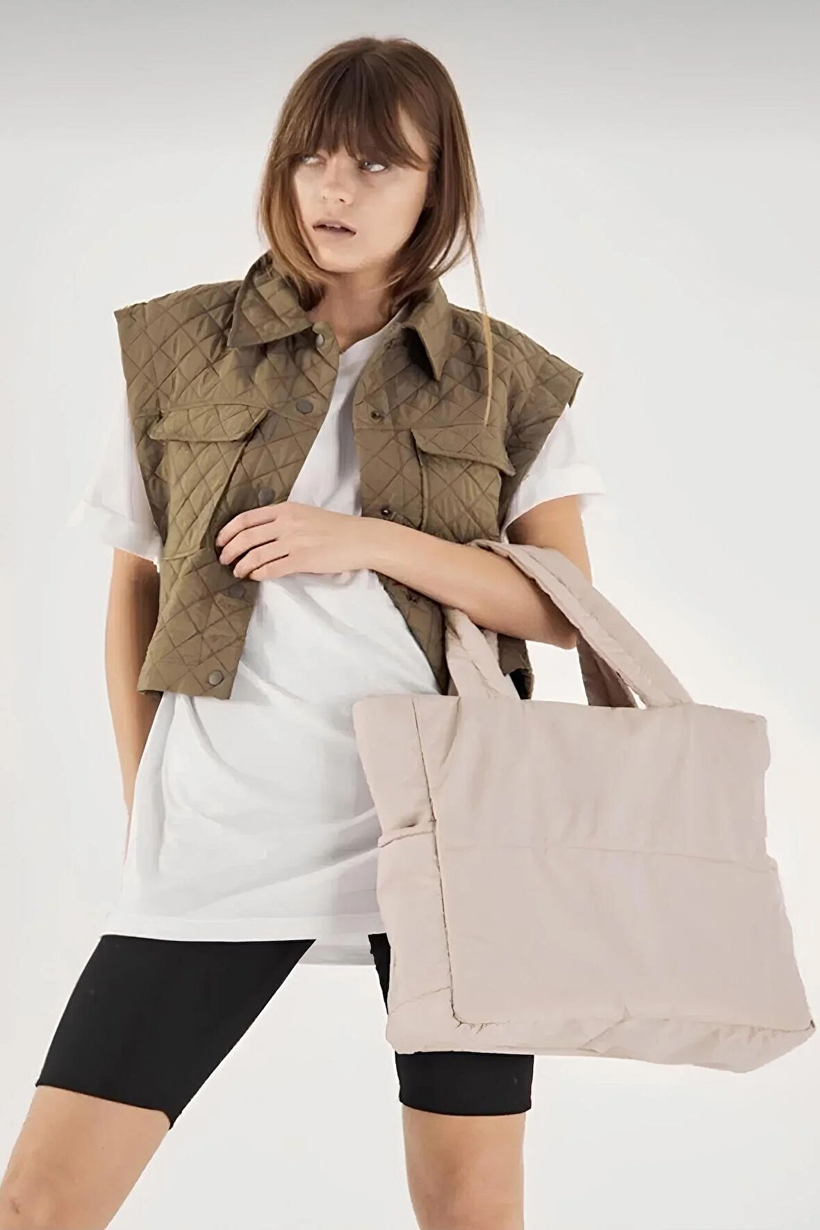 Lula Kabartmalı Puf Kumaş Shopper Çanta - Vizon