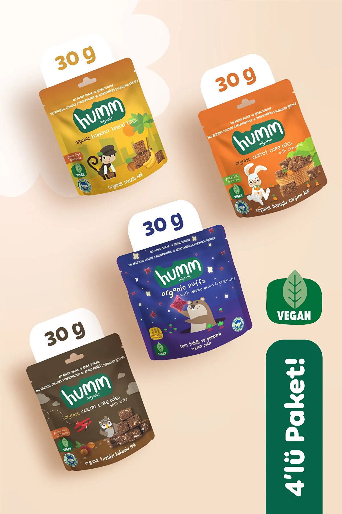 Humm Organic Organik Vegan Puf & Glutensiz Kek Atıştırmalık Paketi - 30 G X 4 adet (4 çeşit)