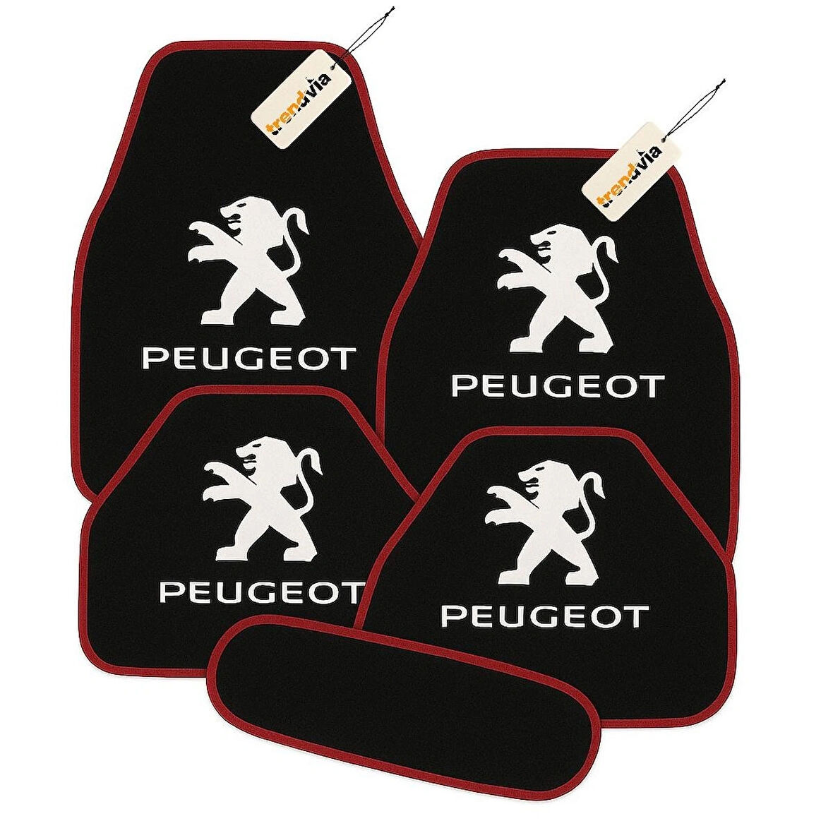 Siyah Kırmızı Renk Peugeot Logolu Oto Halı Paspas Takımı 5 Parça – Kaymaz ve Su Geçirmez Otomobil Paspas Seti