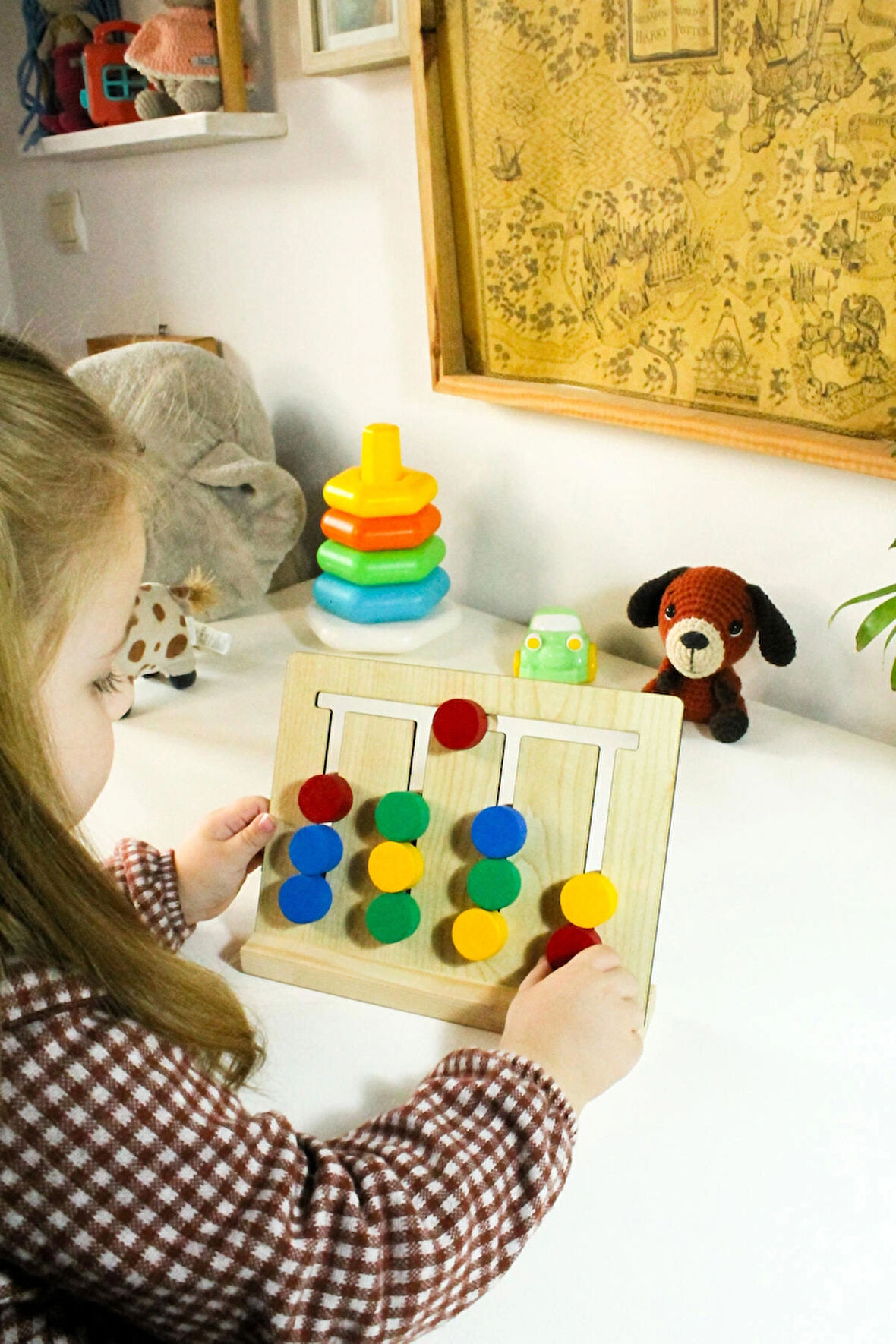 Ahşap Renkli Pullarla Kartlı Sıralama Oyunu -Eğitici Montessori Oyuncağı - Puzzle