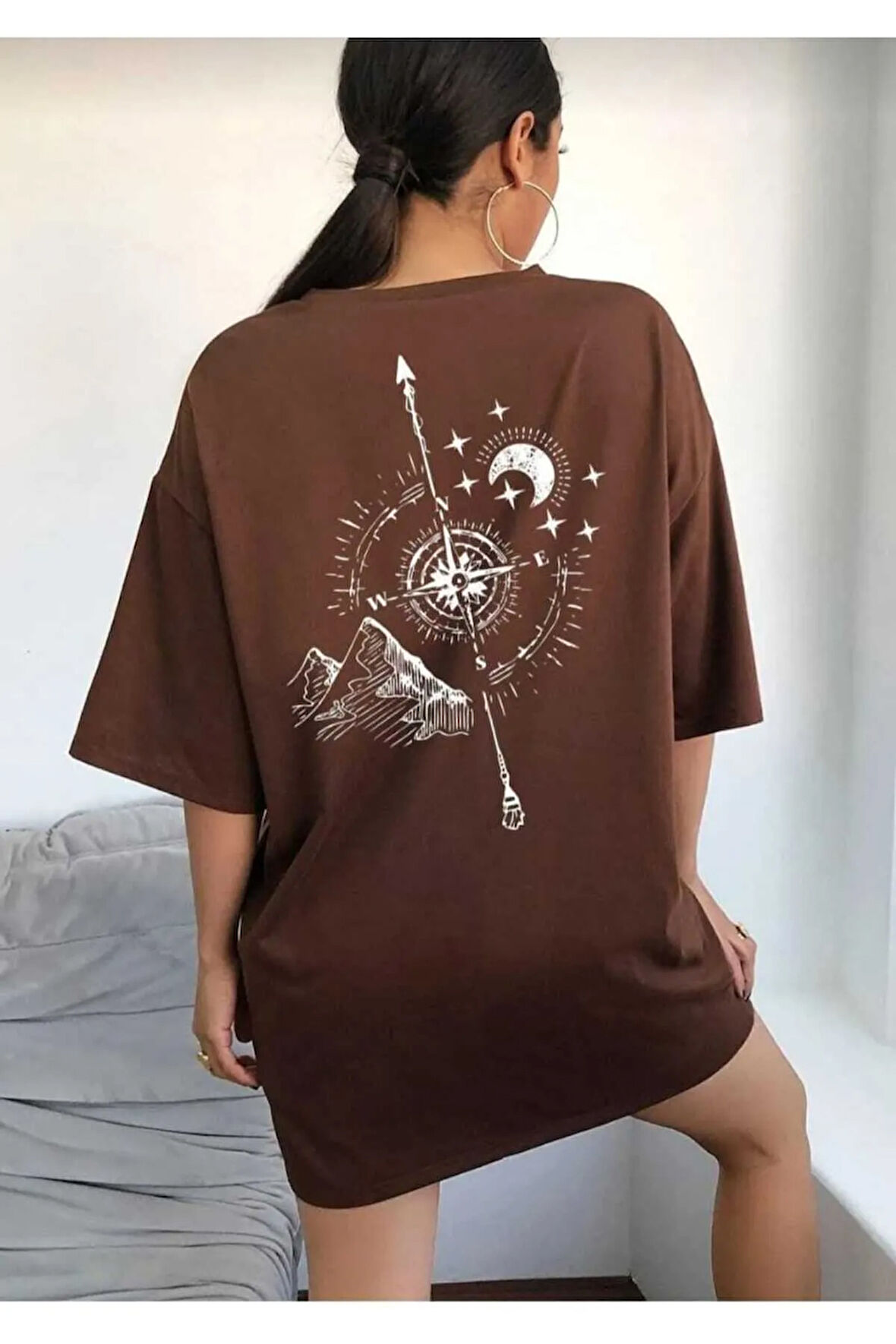 pusula sırt baskılı oversize basic o yaka unisex t-şhirt