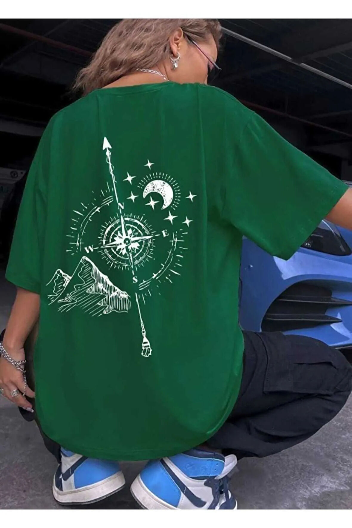 pusula sırt baskılı oversize basic o yaka unisex t-şhirt