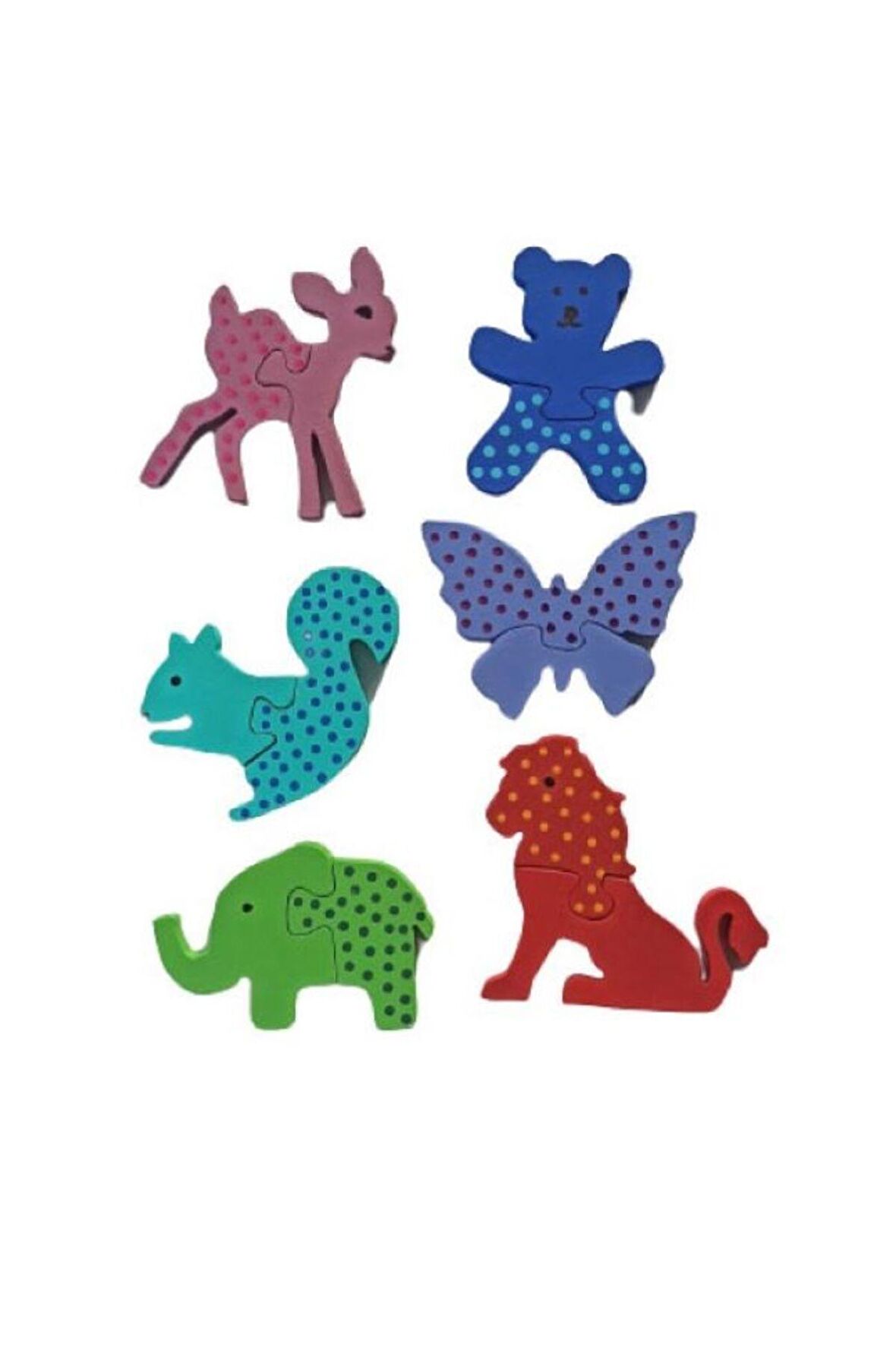 Özel Eğitim Gören Çocuklar İçin Ahşap Puzzle Yapboz Seti2-Karaca, Ayı, Sincap, Kelebek, Fil, Aslan