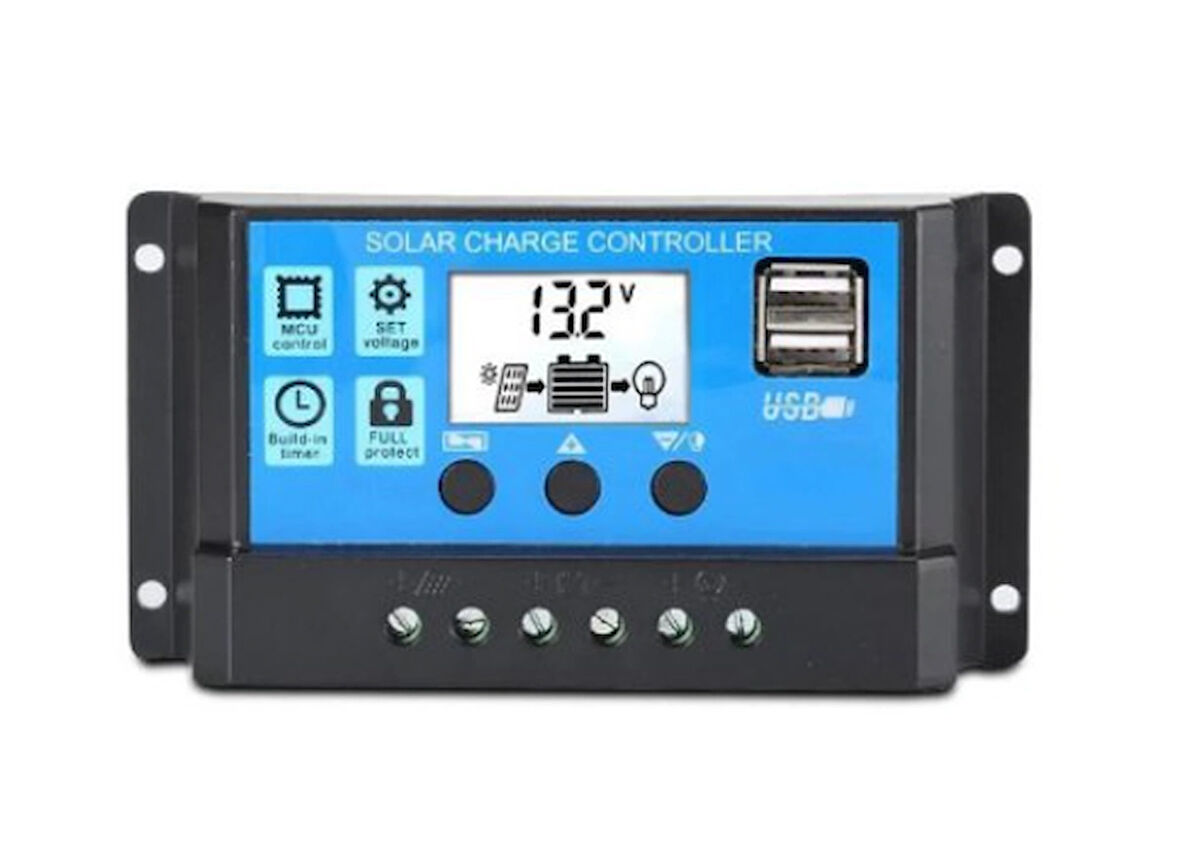 Güneş Paneli Akü Şarj Kontrol Cihazı 10 Ah Amper 2 Li Usb Çıkışlı Regülatör 10a - 12/24v