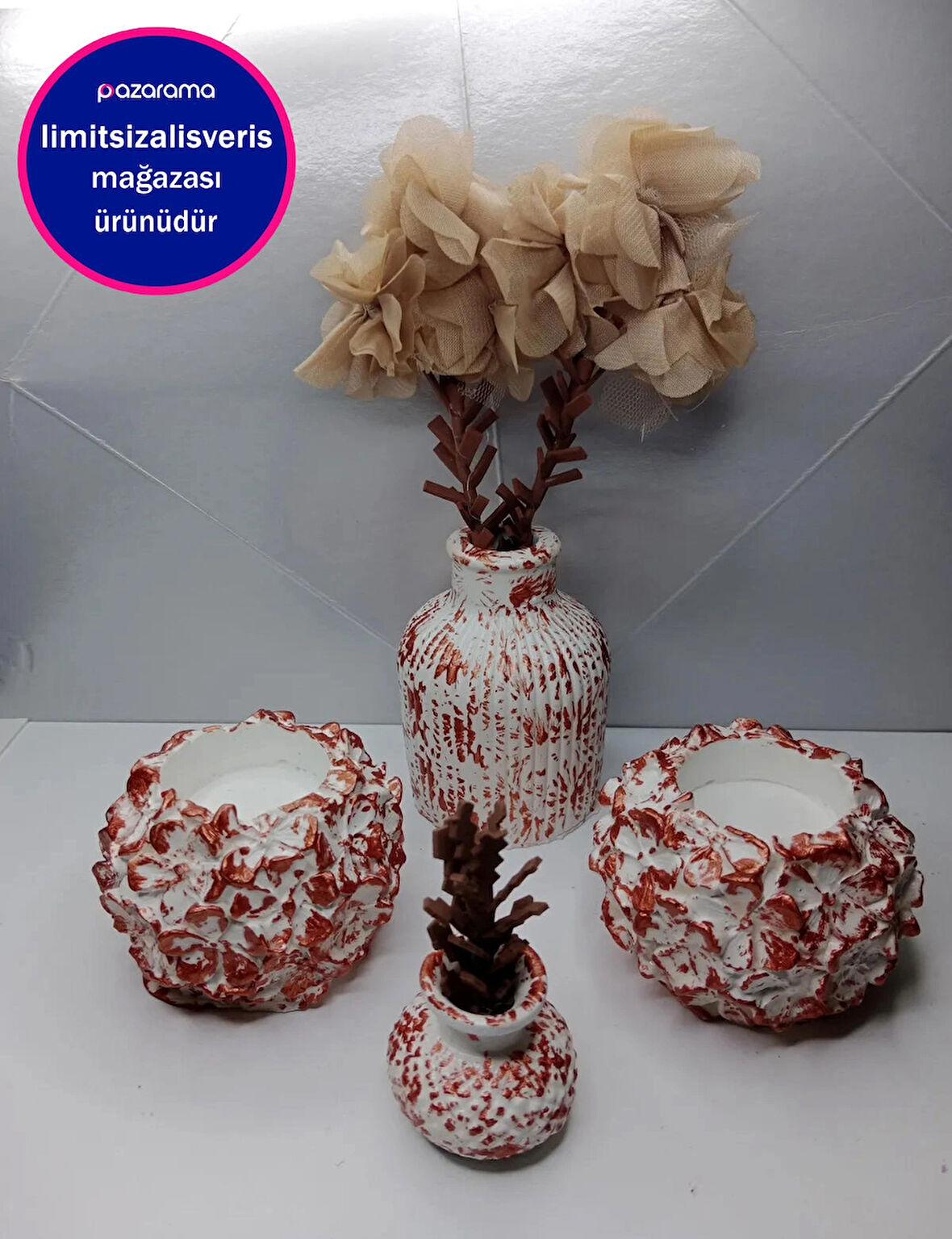 Bakır Beyaz Taş Tozu Mumluk ve Vazo Takımı (Süsler Dahil)
