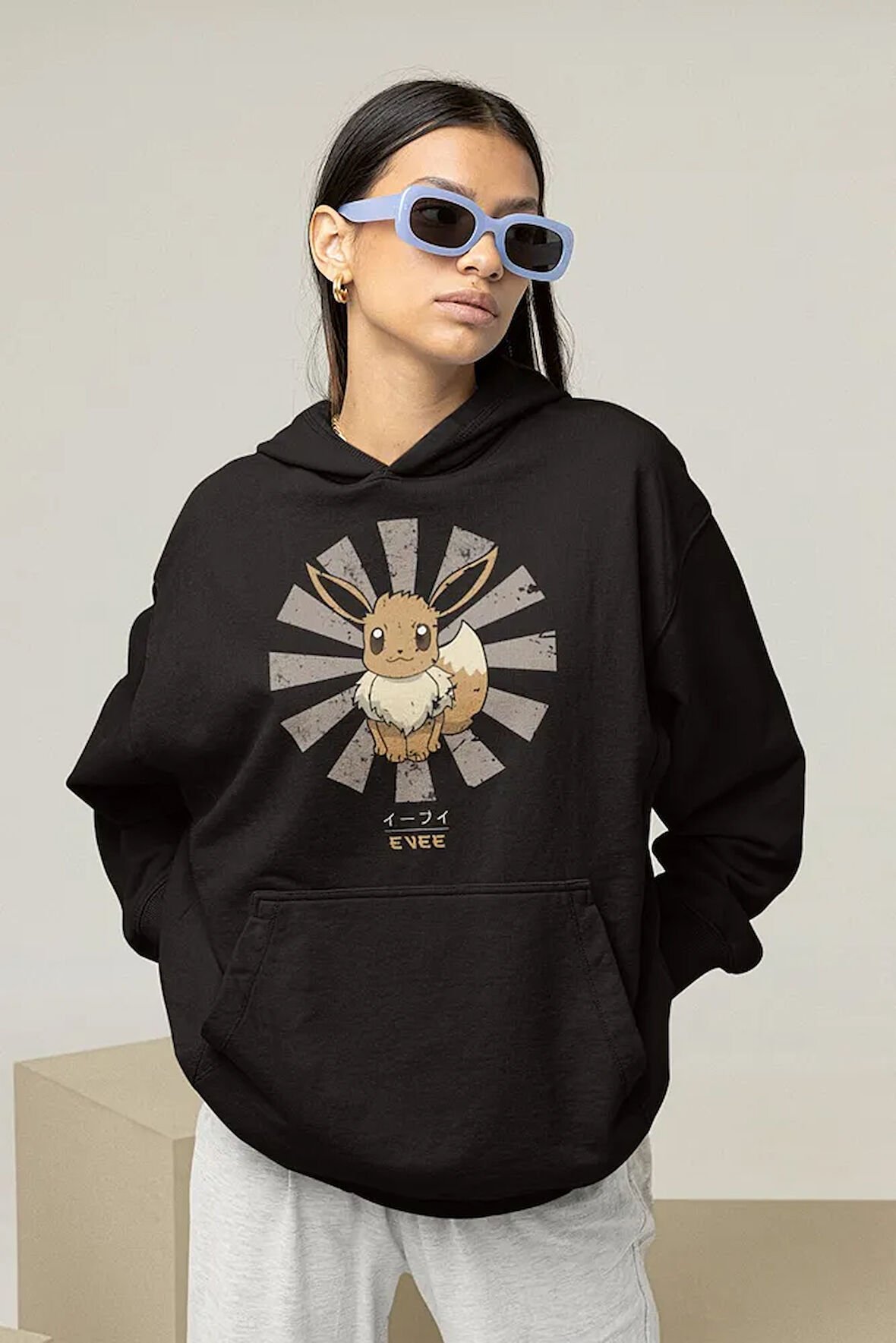 Anime Dizi Karakter Evee Baskılı Unisex Oversize Hoodie