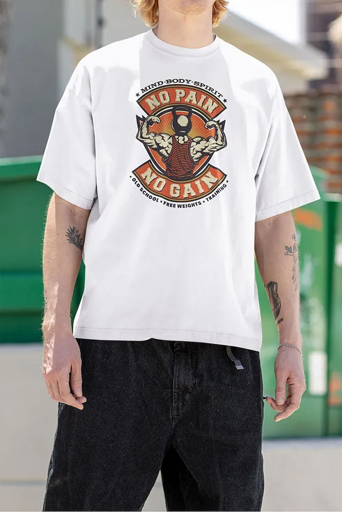 No Pain No Gain Old School Gym Baskılı Unisex Tişört, Oversize Fitness Tişört