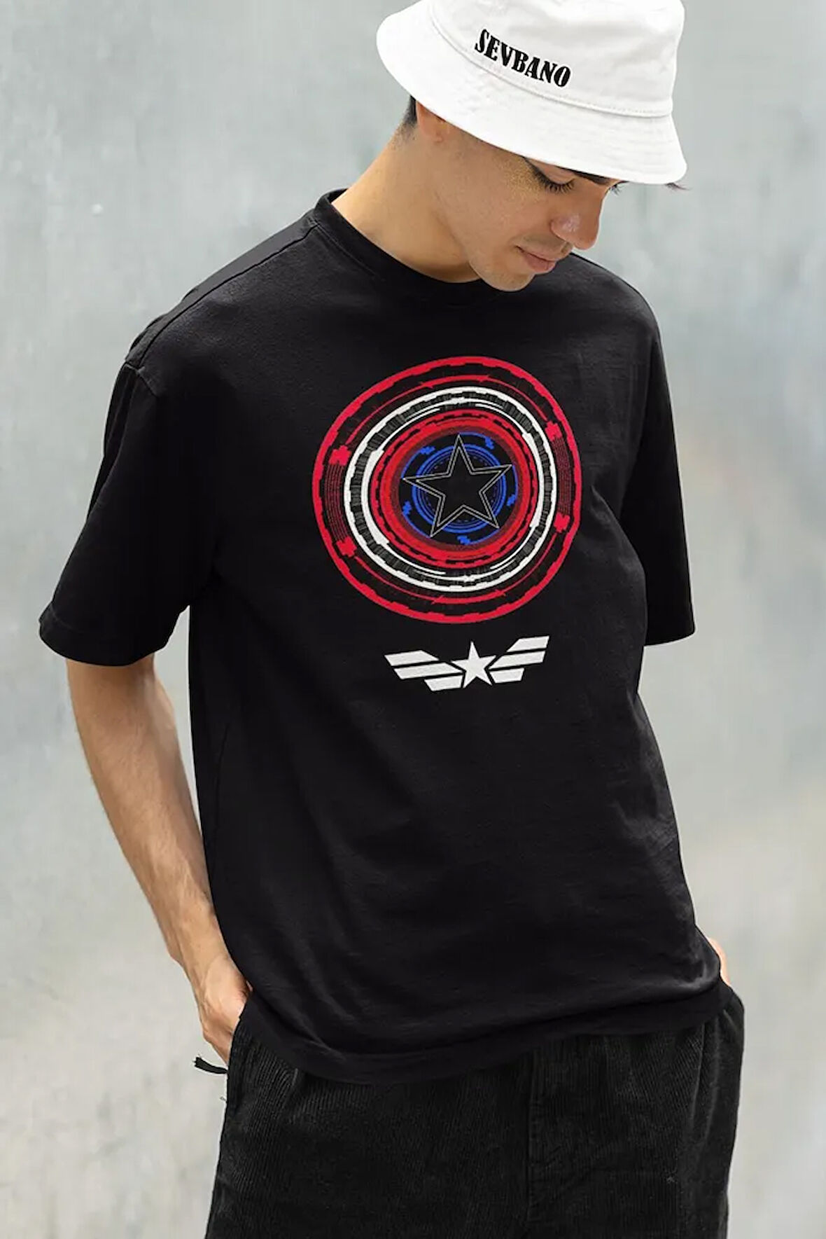 Özel Tasarım Kaptan Amerika Kalkan Baskılı Unisex Oversize Marvel Karakter Tişört