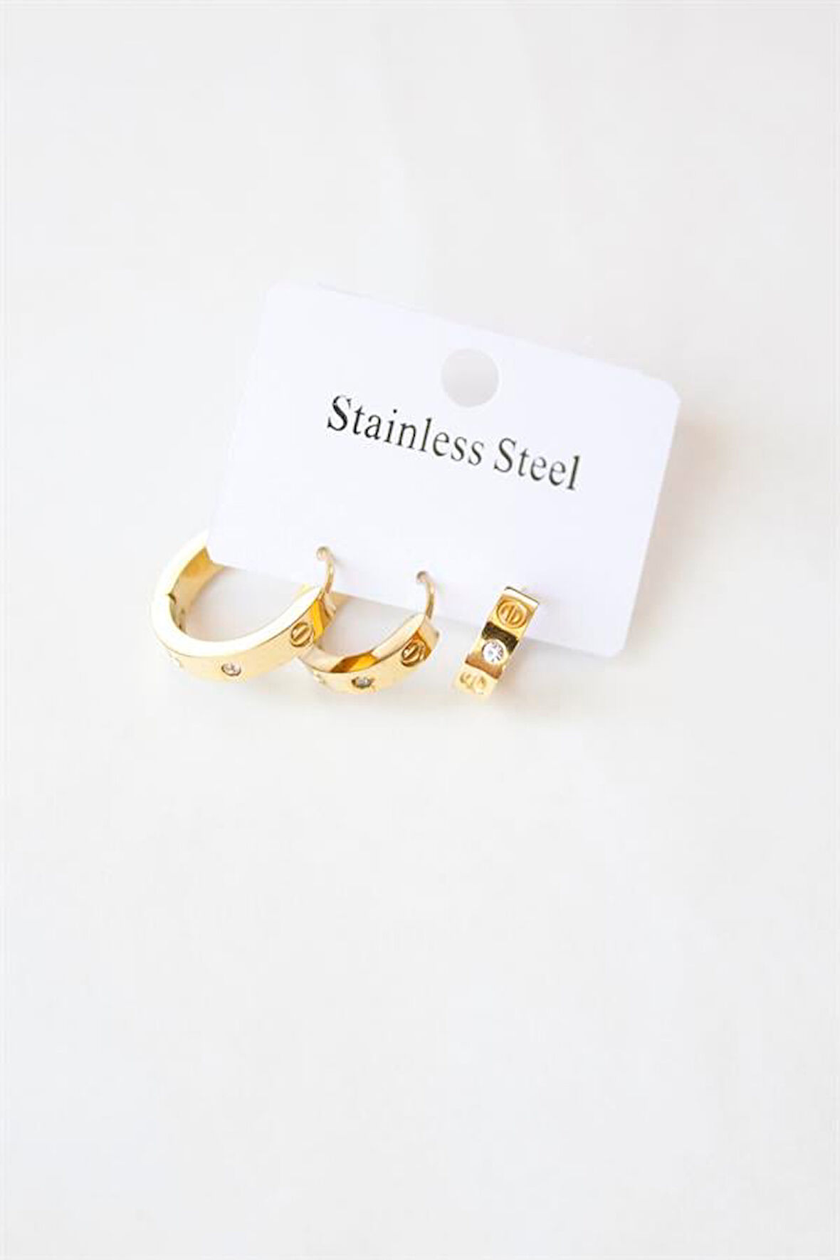 3'lü Taşlı Çelik Halka Küpe - Altın