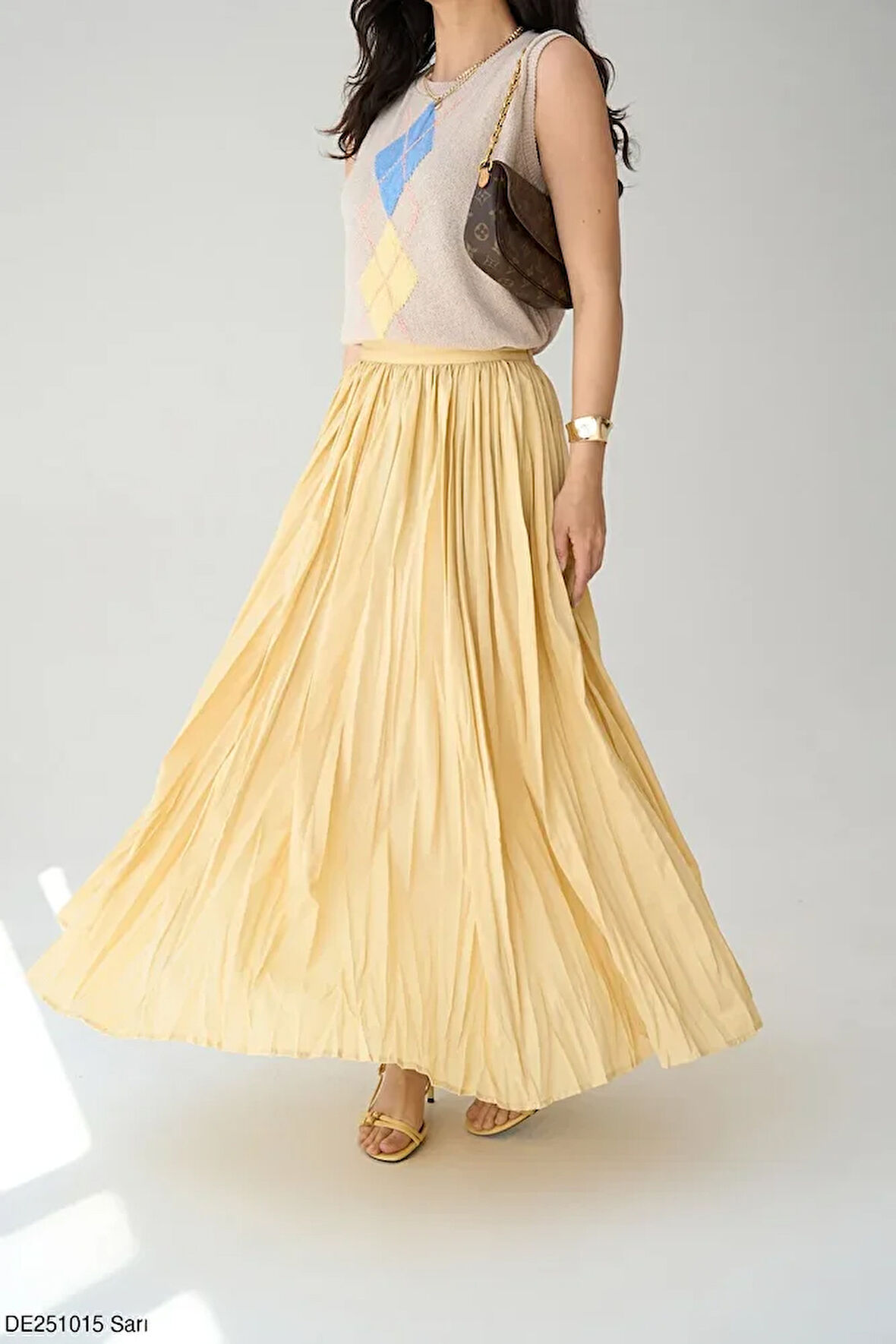Yüksek Bel Piliseli Uzun Etek Sarı