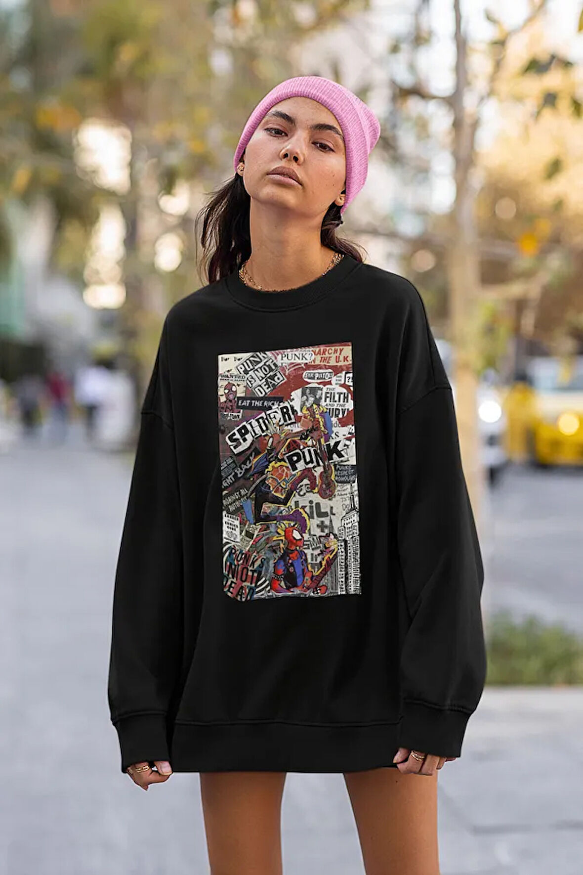 Spiider-Punk Baskılı Unisex Oversize Örümcek Adam Sweatshirt