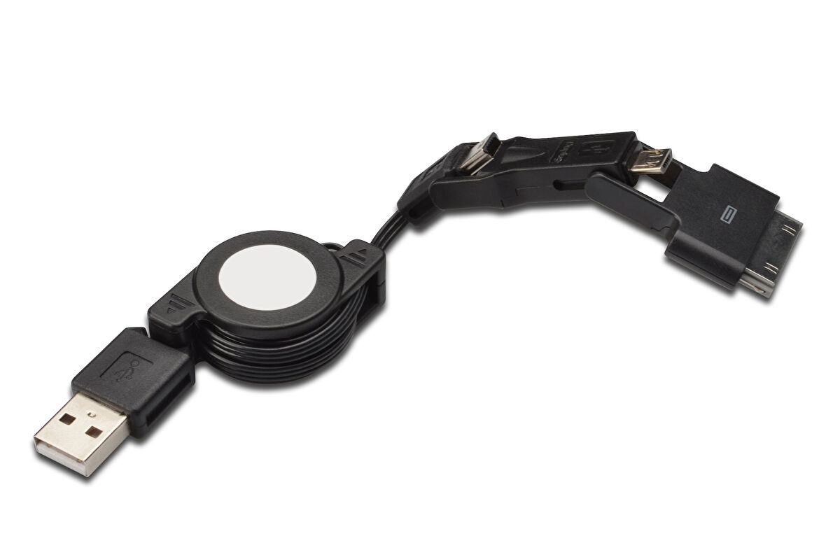 3 in 1 Makaralı Kablo, Samsung 30pin erkek &lt;-&gt; micro USB B erkek + mini USB B erkek + USB A, 0.75 metre, USB 2.0 uyumlu, AWG30, 2x zırhlı