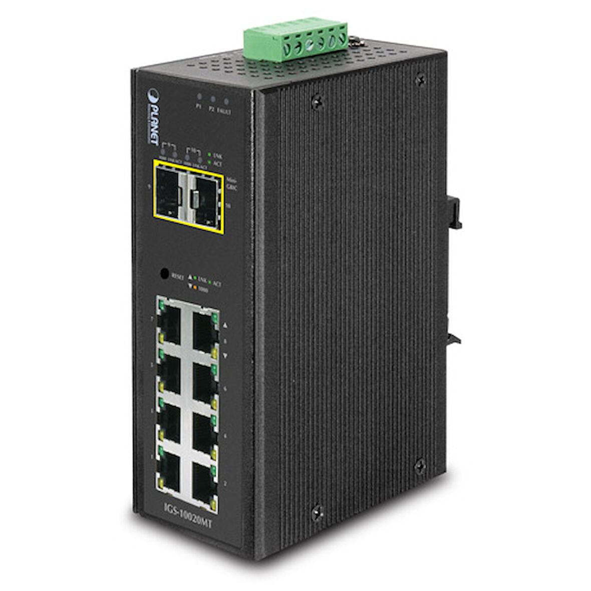 Endüstriyel Tip Yönetilebilir Switch (Industrial Managed Switch)&lt;br&gt;
8-Port 10/100/1000Base-T&lt;br&gt;  
2 x 1000BASE-SX/LX/BX SFP/mini-GBIC yuva (Port-9 ve Port-10), 100Base-FX SFP uyumlu&lt;b